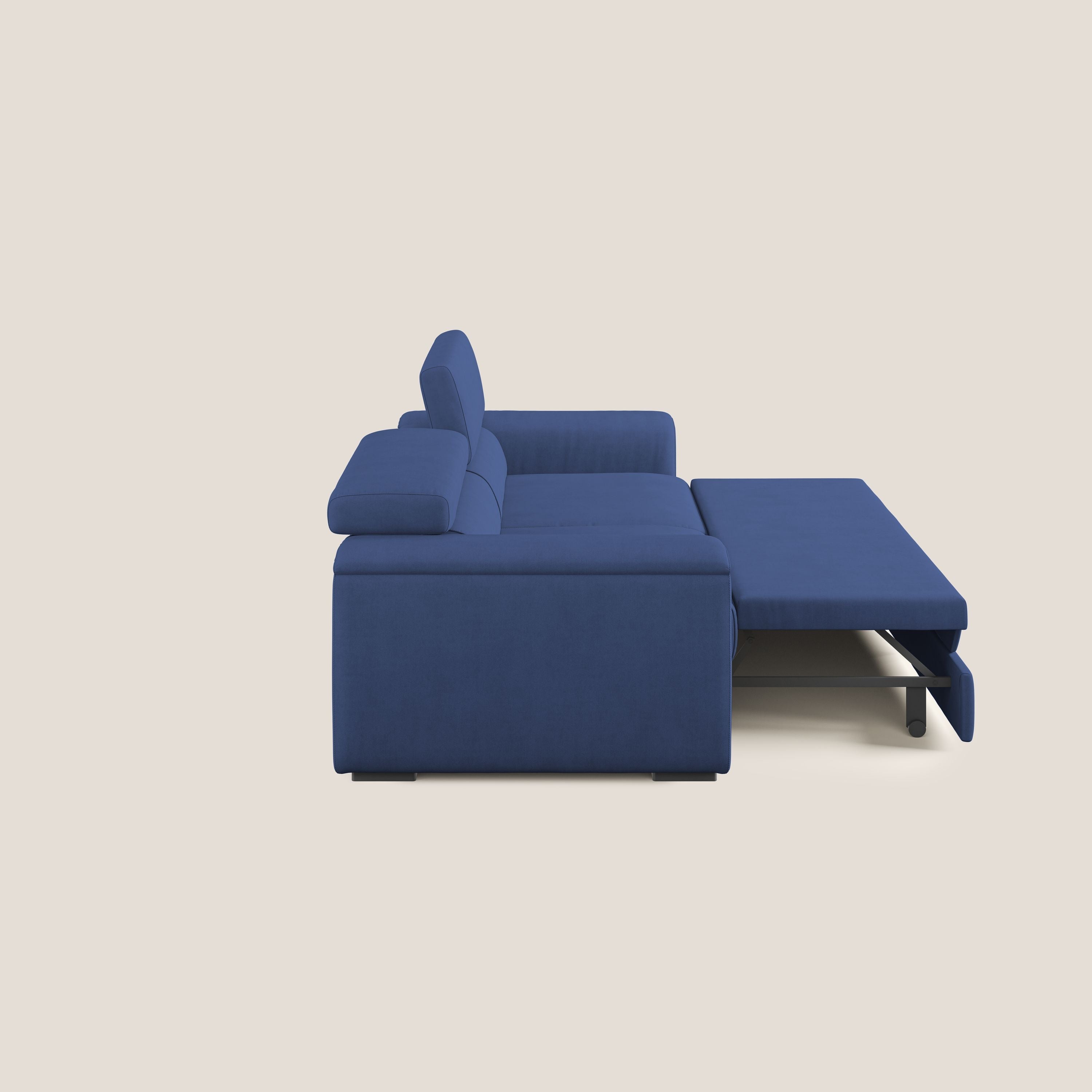 Zeno Divano con pouf estraibile poggiapiedi in tessuto morbido impermeabile T02 blu - divani.store