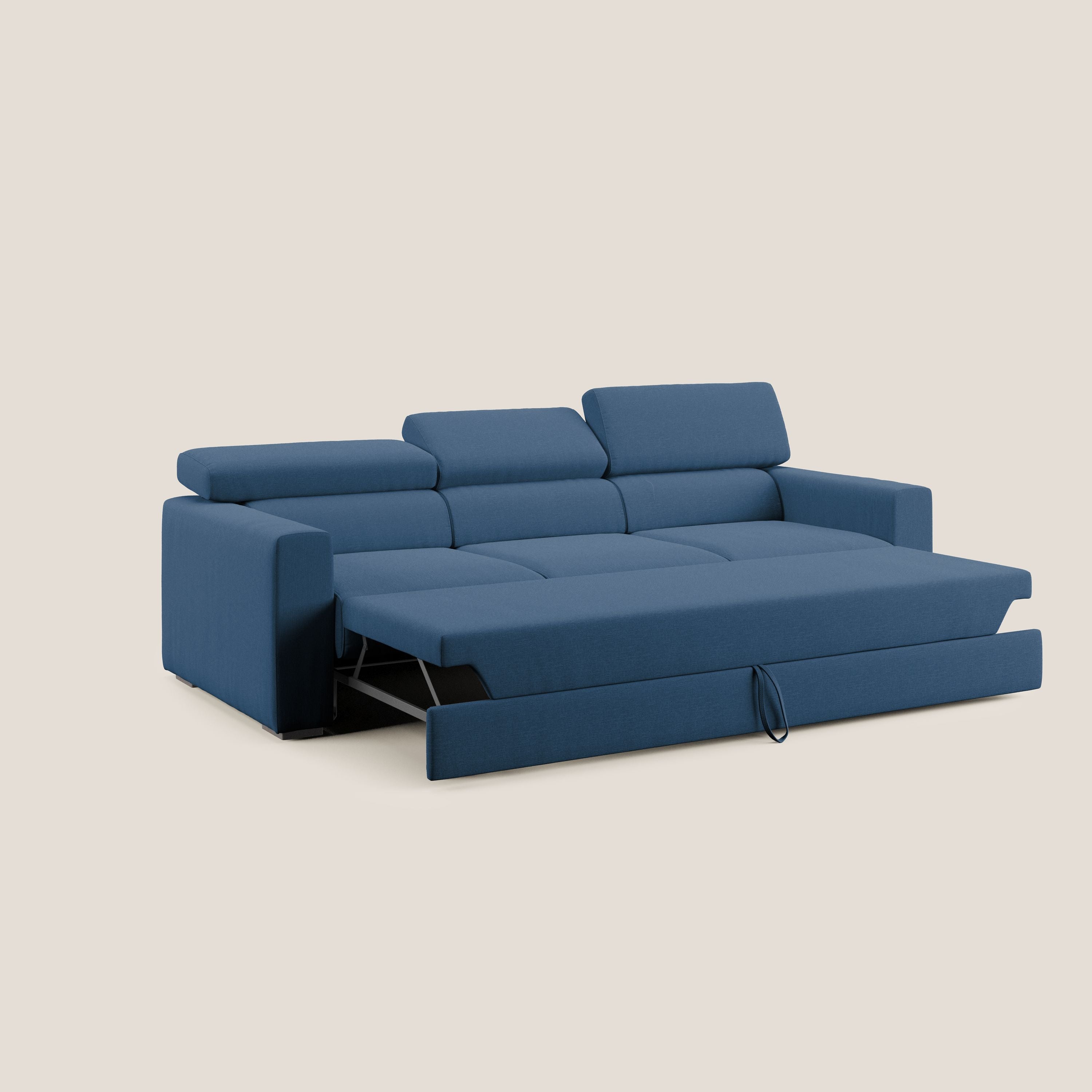 Dylan divano a 3 sedute con pouf estraibile poggiapiedi in tessuto simil cotone impermeabile T13 blu - divani.store