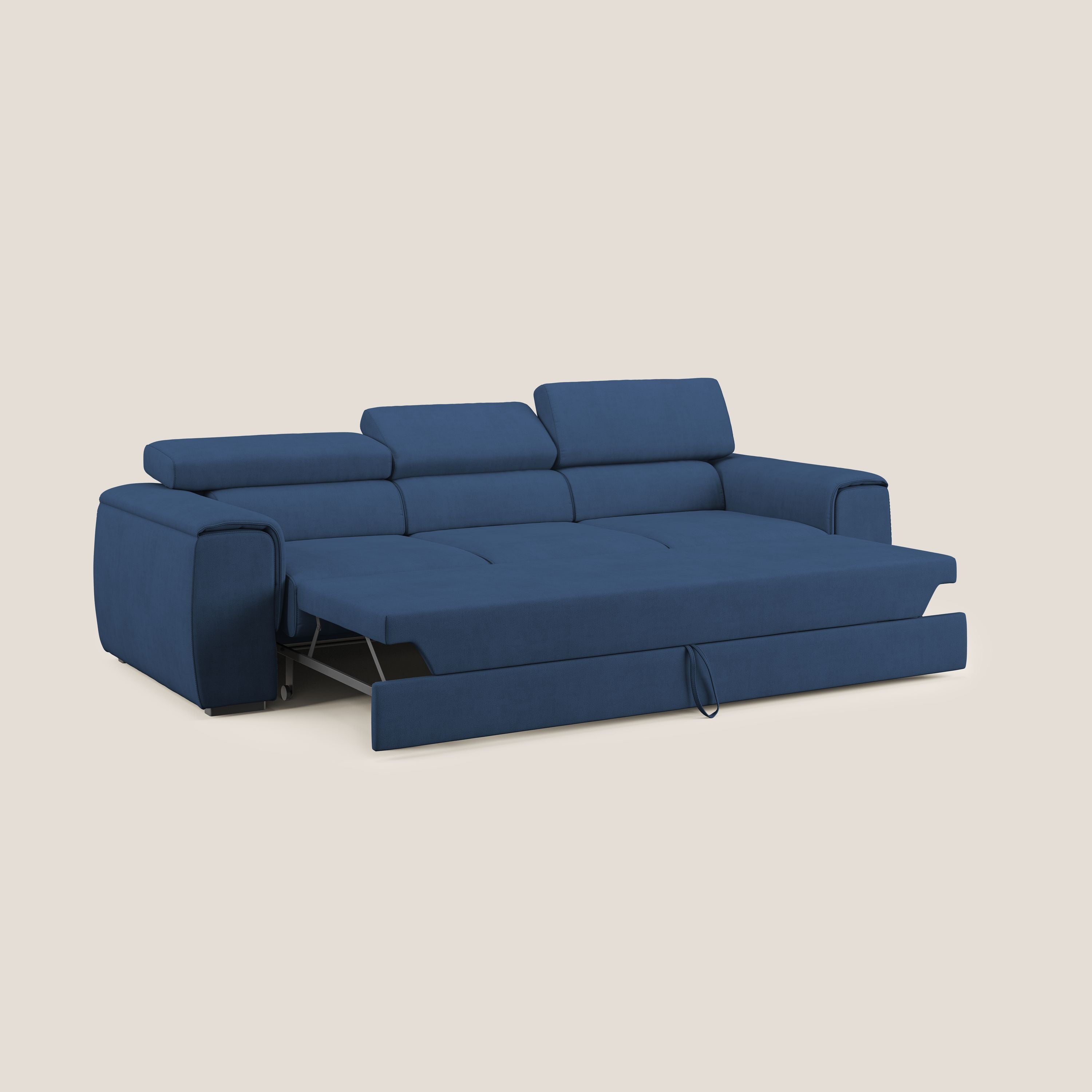 Zeno Divano con pouf estraibile poggiapiedi a 3 sedute in tessuto morbido impermeabile T02 blu - divani.store
