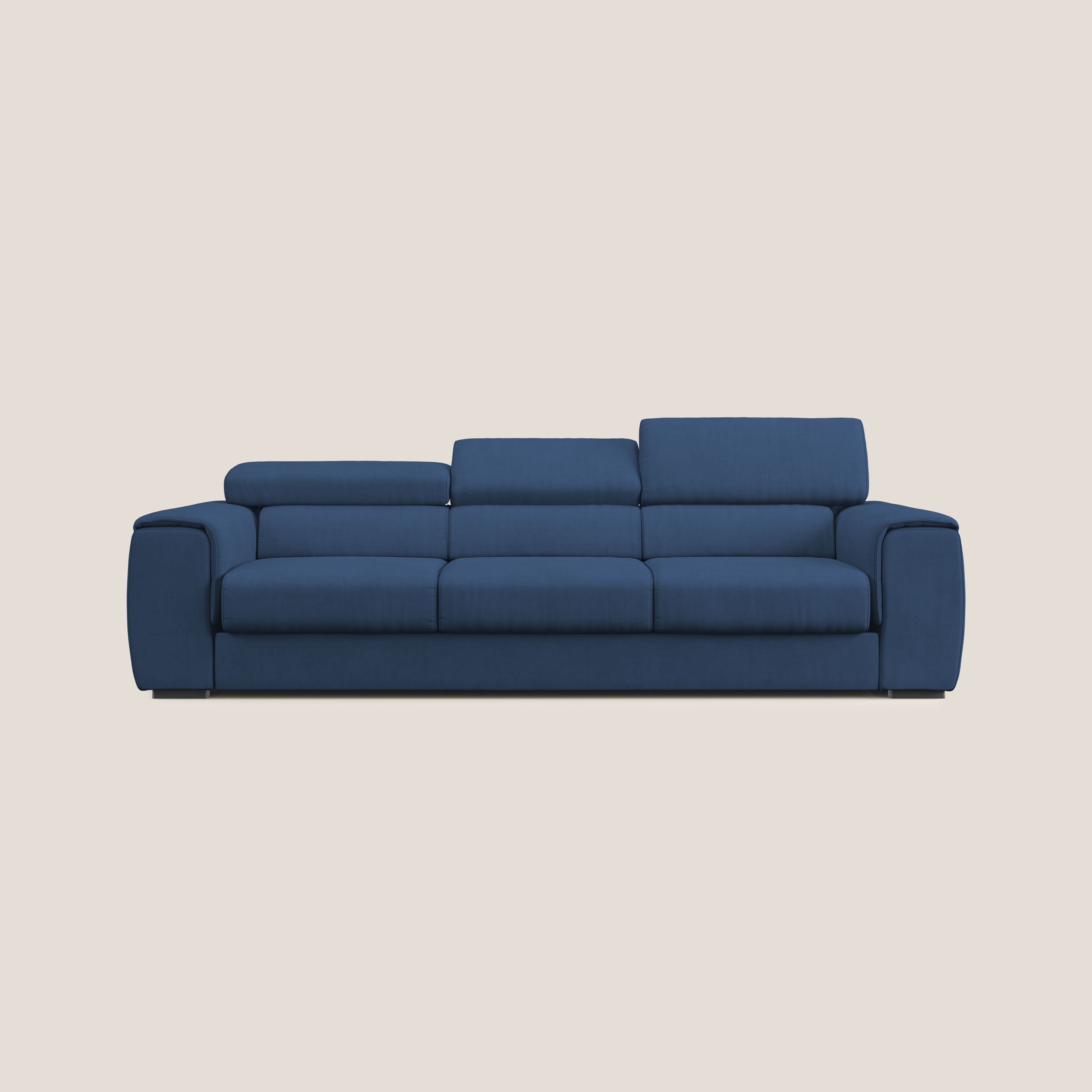 Zeno Divano con pouf estraibile poggiapiedi a 3 sedute in tessuto morbido impermeabile T02 blu - divani.store