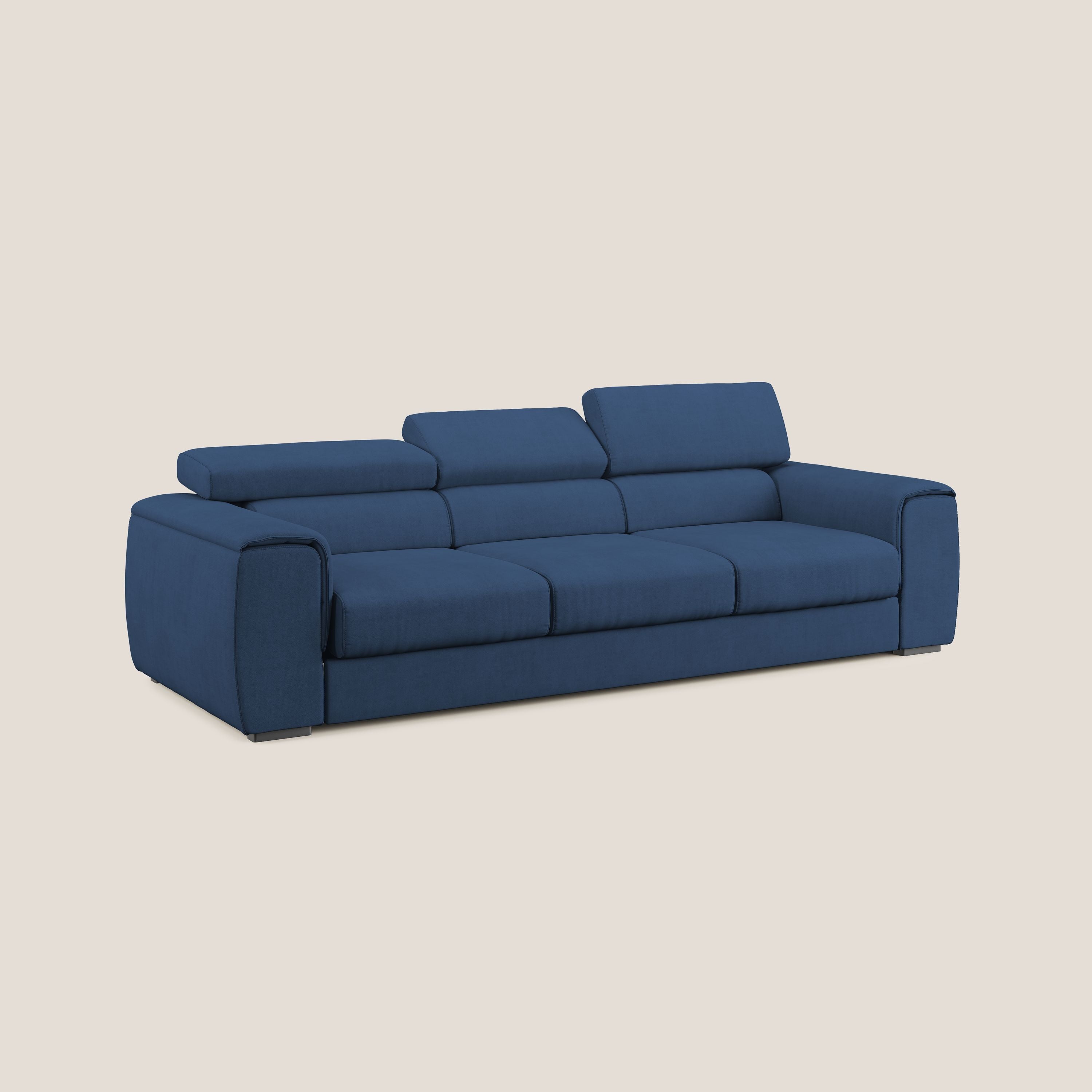 Zeno Divano con pouf estraibile poggiapiedi a 3 sedute in tessuto morbido impermeabile T02 blu - divani.store