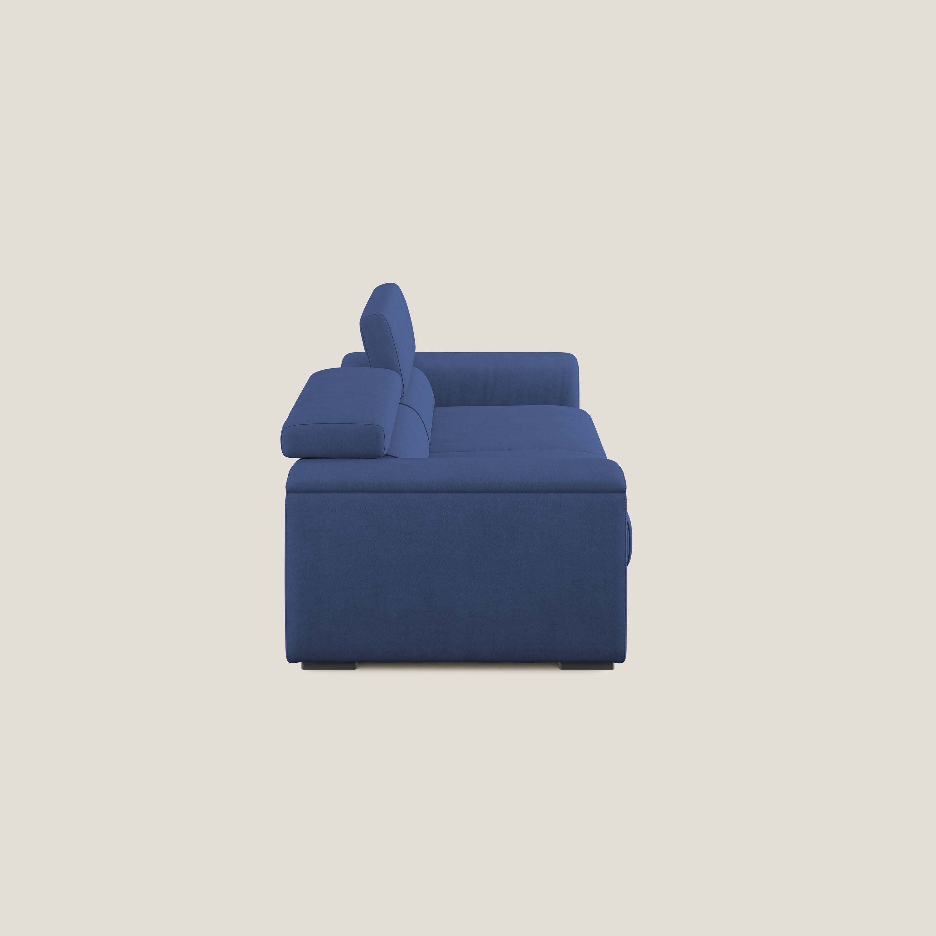 Zeno Divano con pouf estraibile poggiapiedi in tessuto morbido impermeabile T02 blu - divani.store