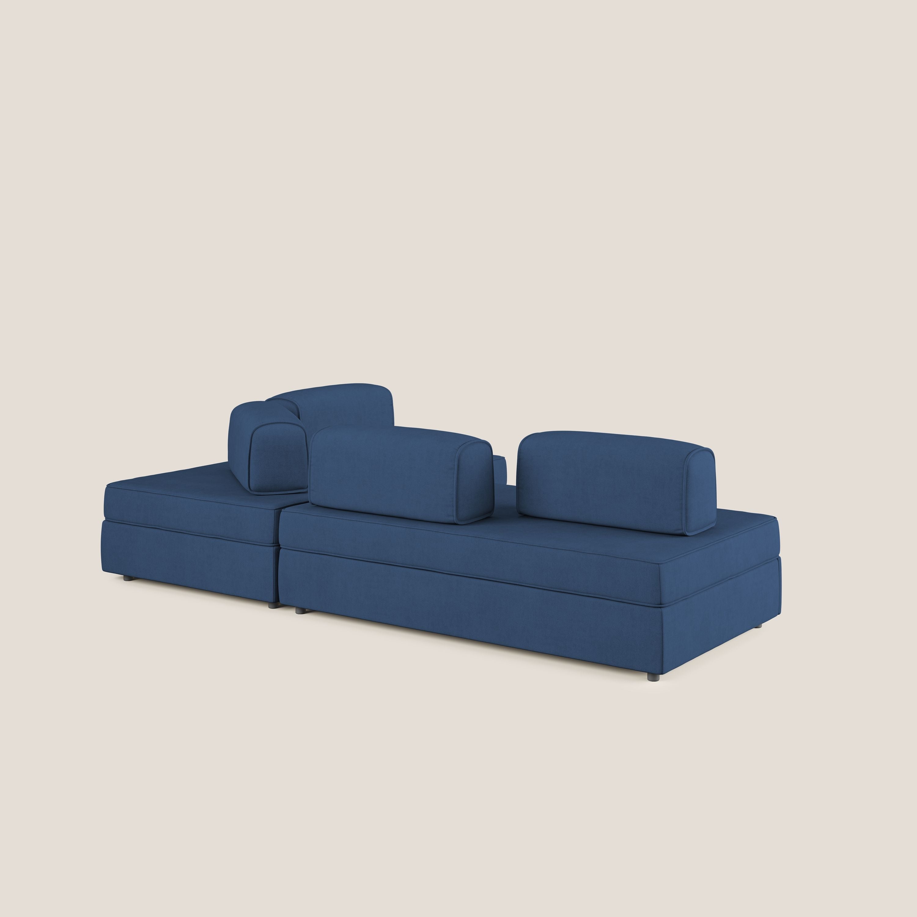 Liberty divano angolare con pouf estraibile e schienali movibili in tessuto morbido impermeabile T02 blu - divani.store