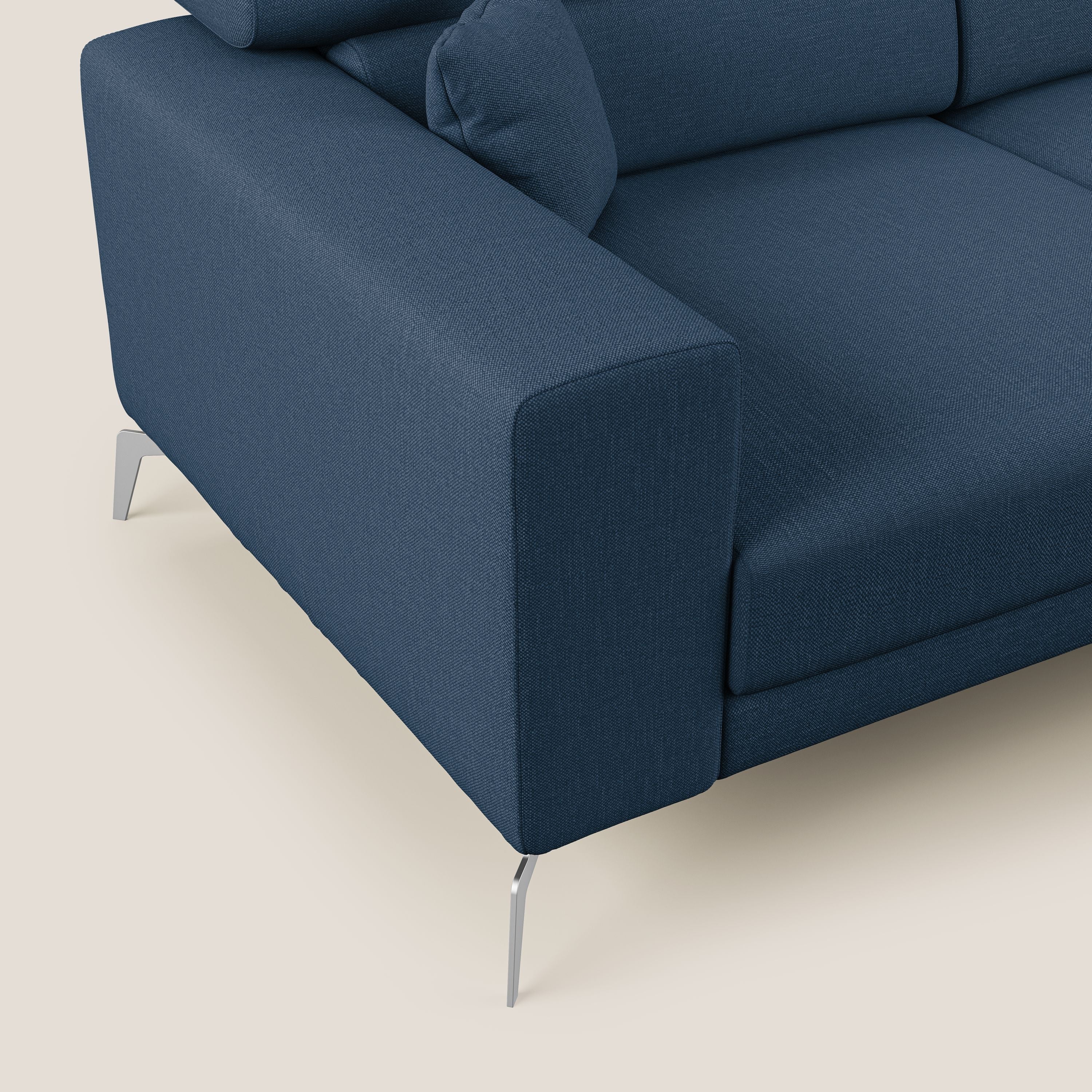 Blade Divano moderno angolare con poggiatesta reclinabili in tessuto impermeabile simil-cotone T13 blu - divani.store