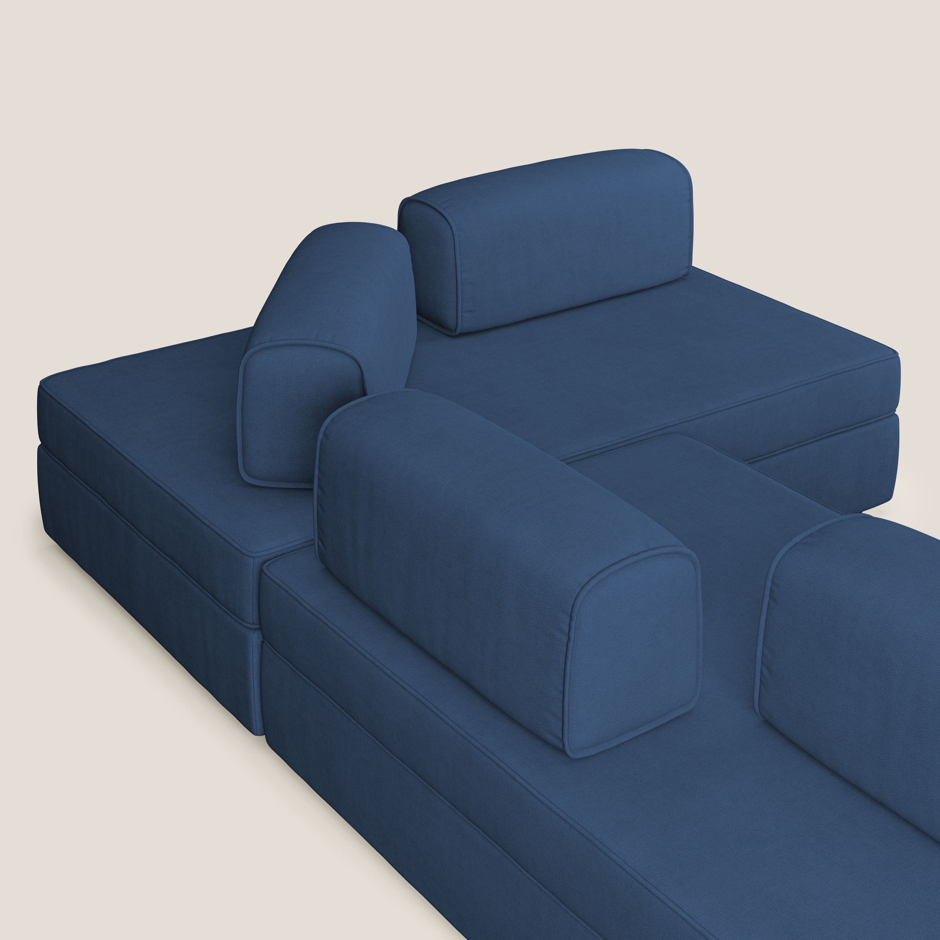 Liberty divano angolare con pouf estraibile e schienali movibili in tessuto morbido impermeabile T02 blu - divani.store