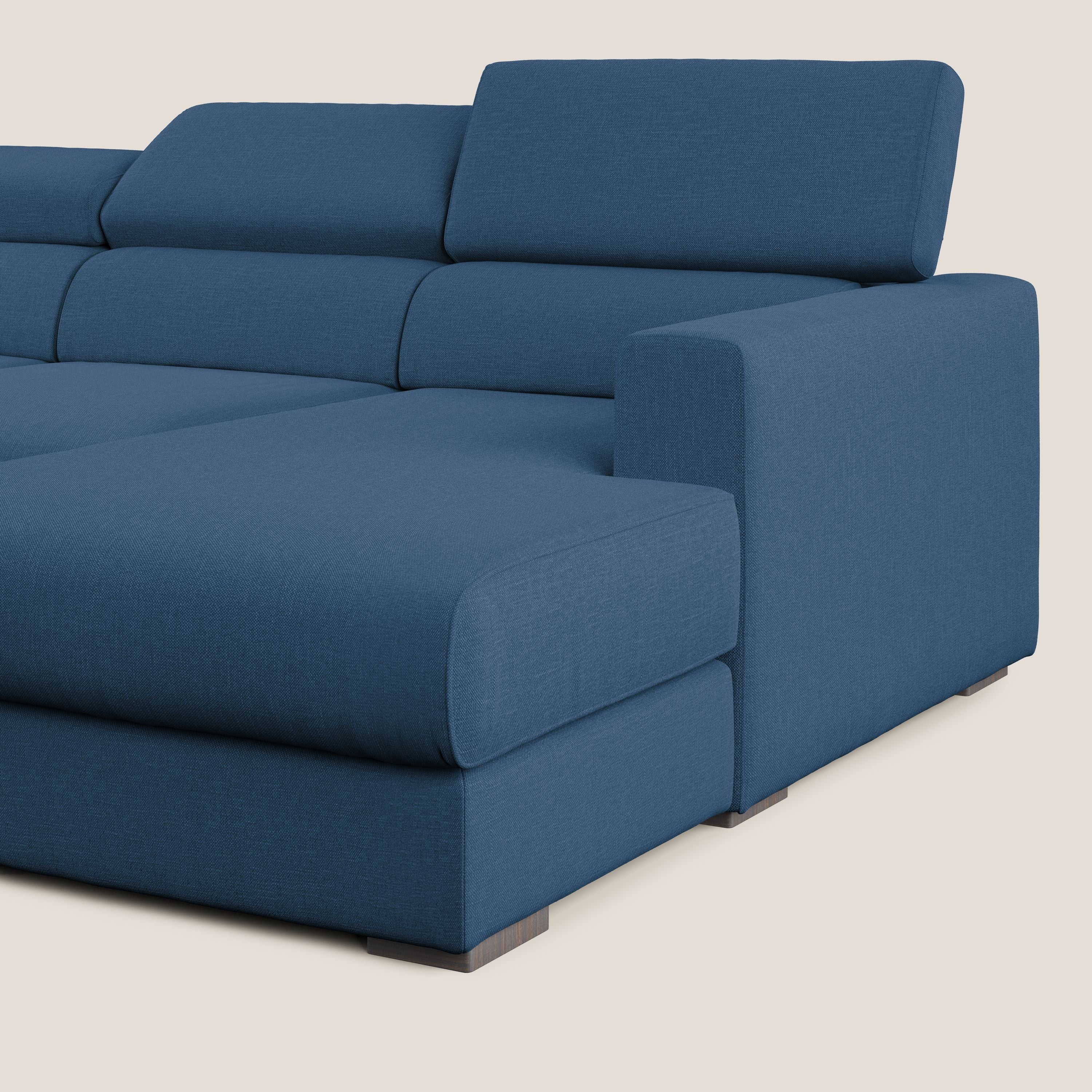 Dylan divano angolare con pouf estraibile poggiapiedi in tessuto simil cotone impermeabile T13 blu - divani.store