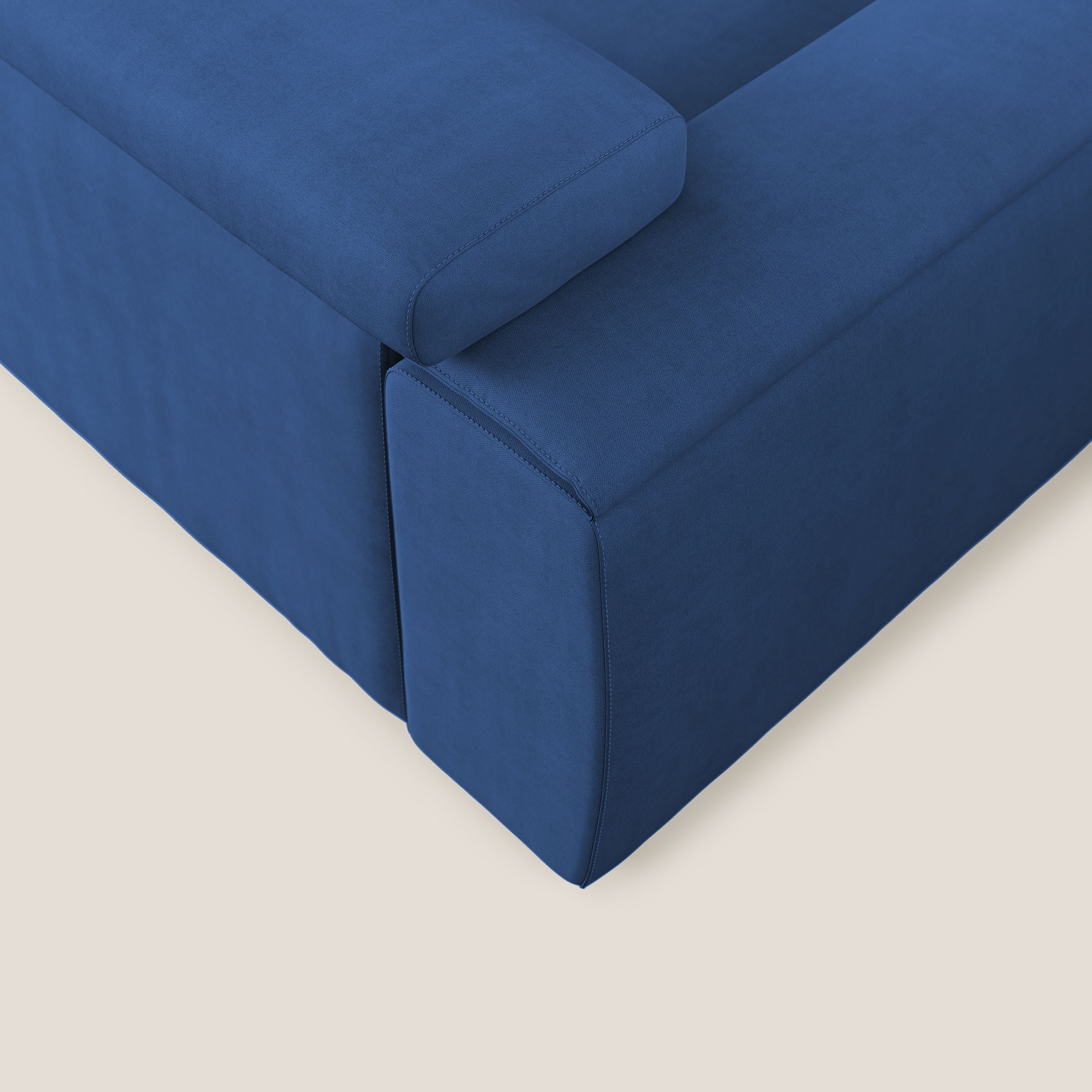 Zeno Divano angolare con pouf estraibile poggiapiedi in tessuto morbido impermeabile T02 blu - divani.store