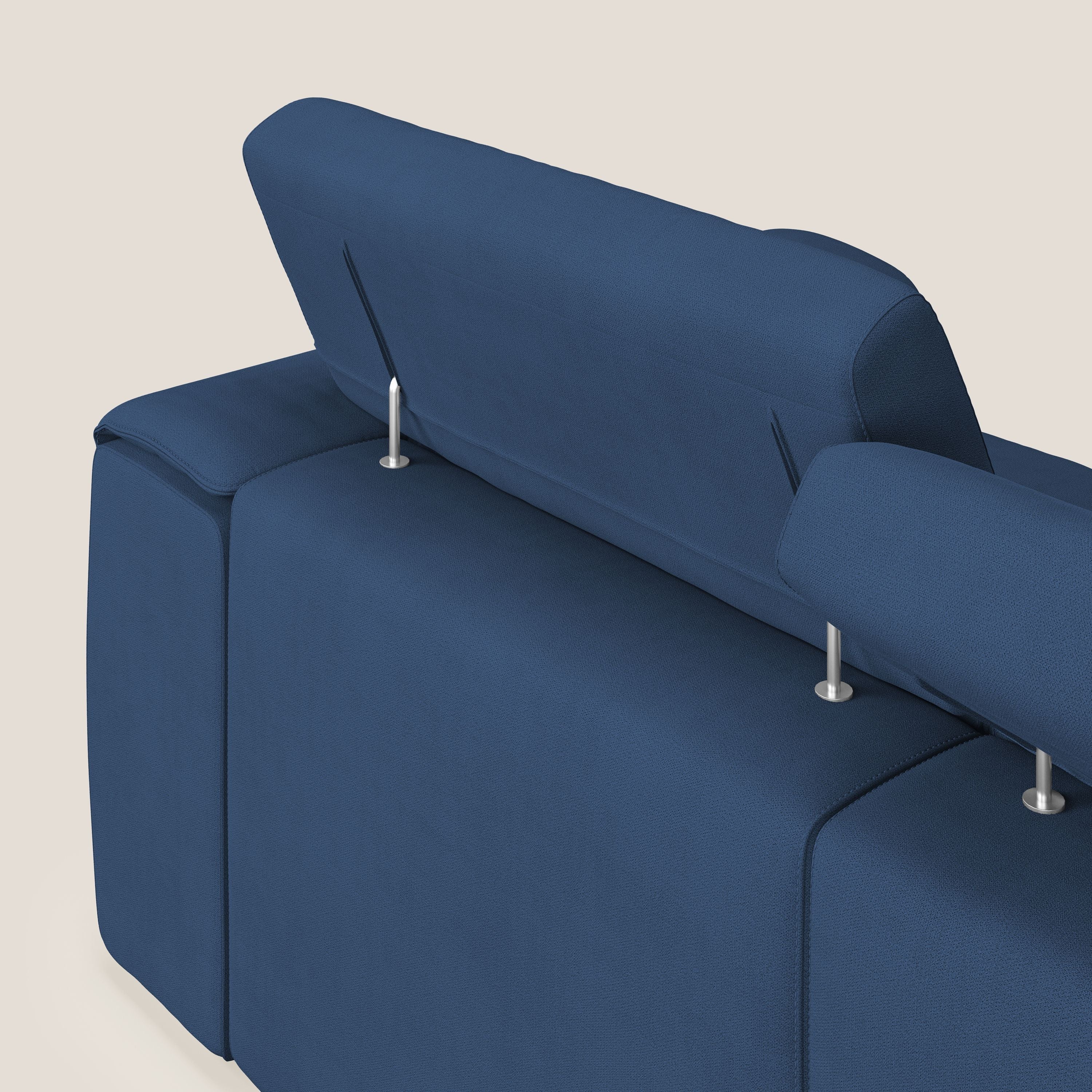 Zeno Divano con pouf estraibile poggiapiedi a 3 sedute in tessuto morbido impermeabile T02 blu - divani.store