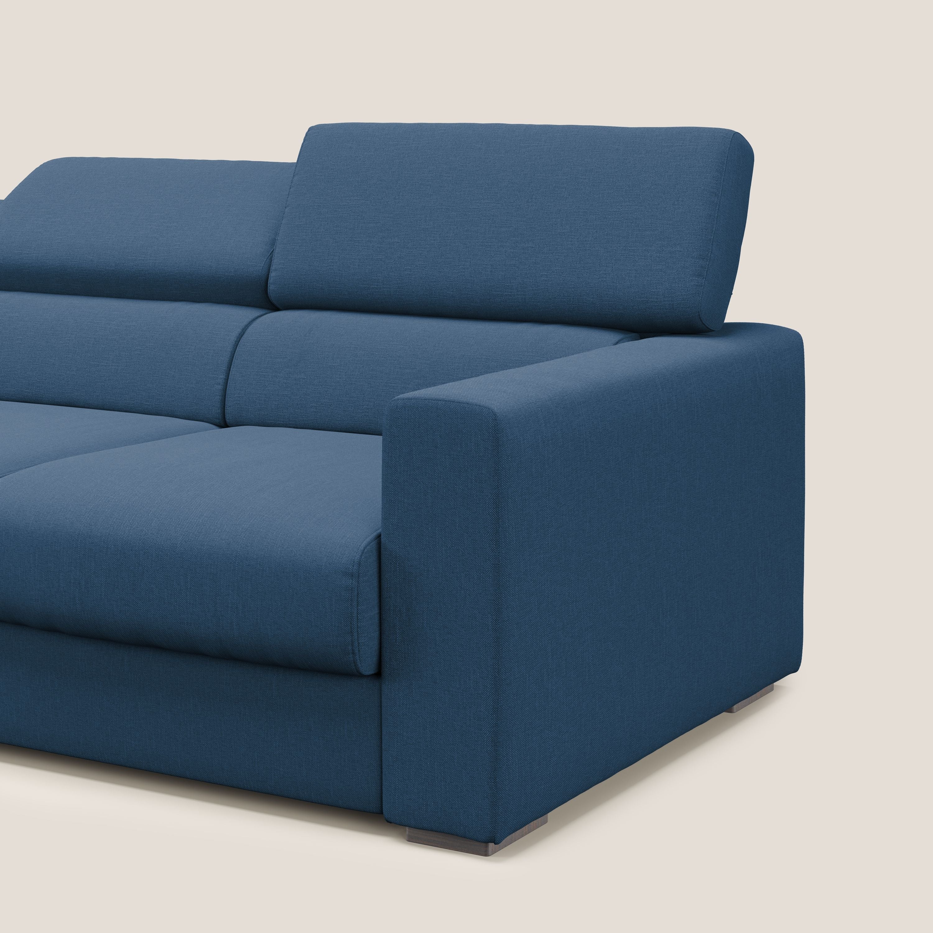 Dylan divano a 3 sedute con pouf estraibile poggiapiedi in tessuto simil cotone impermeabile T13 blu - divani.store