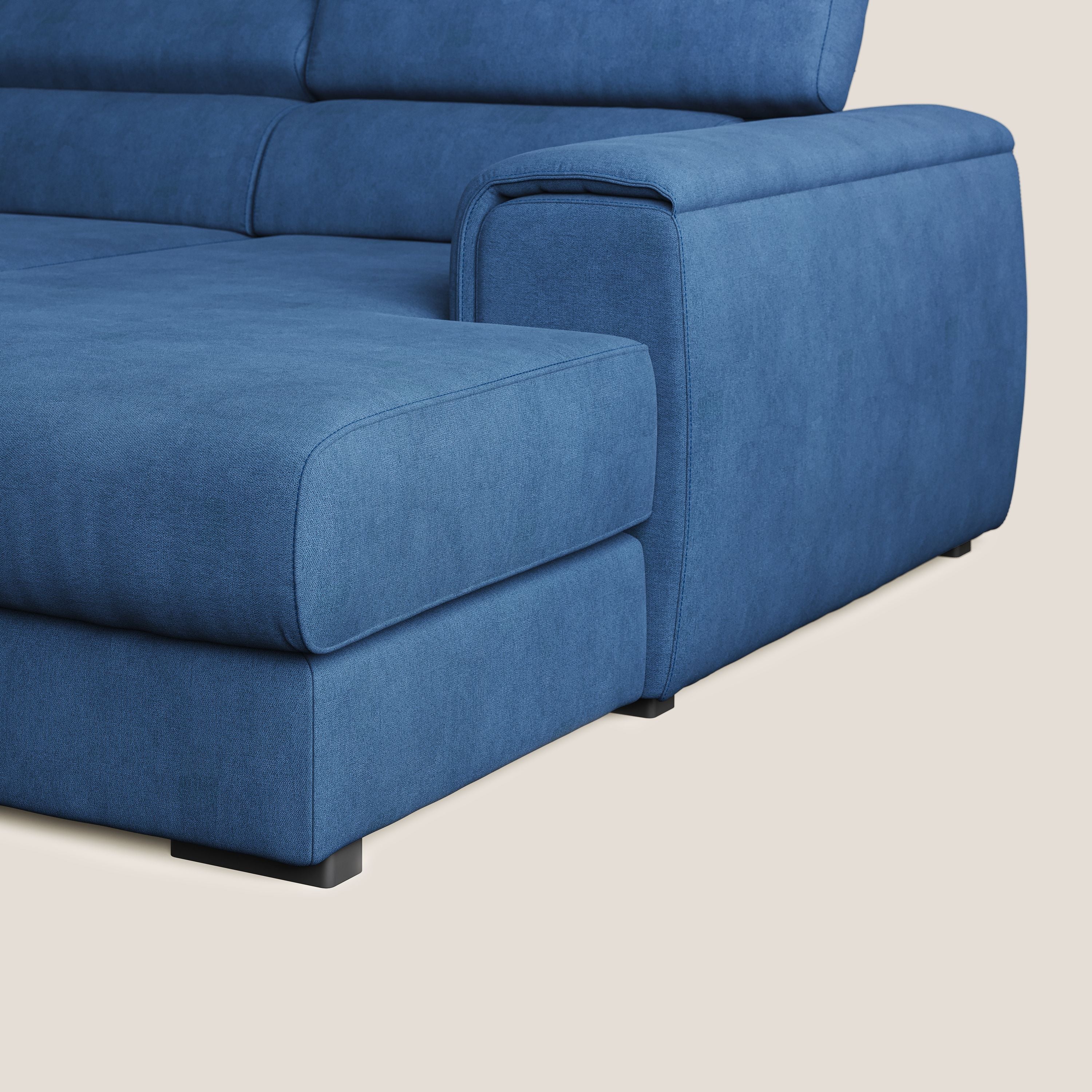 Zeno Divano angolare con pouf estraibile poggiapiedi in tessuto morbido impermeabile T02 blu - divani.store
