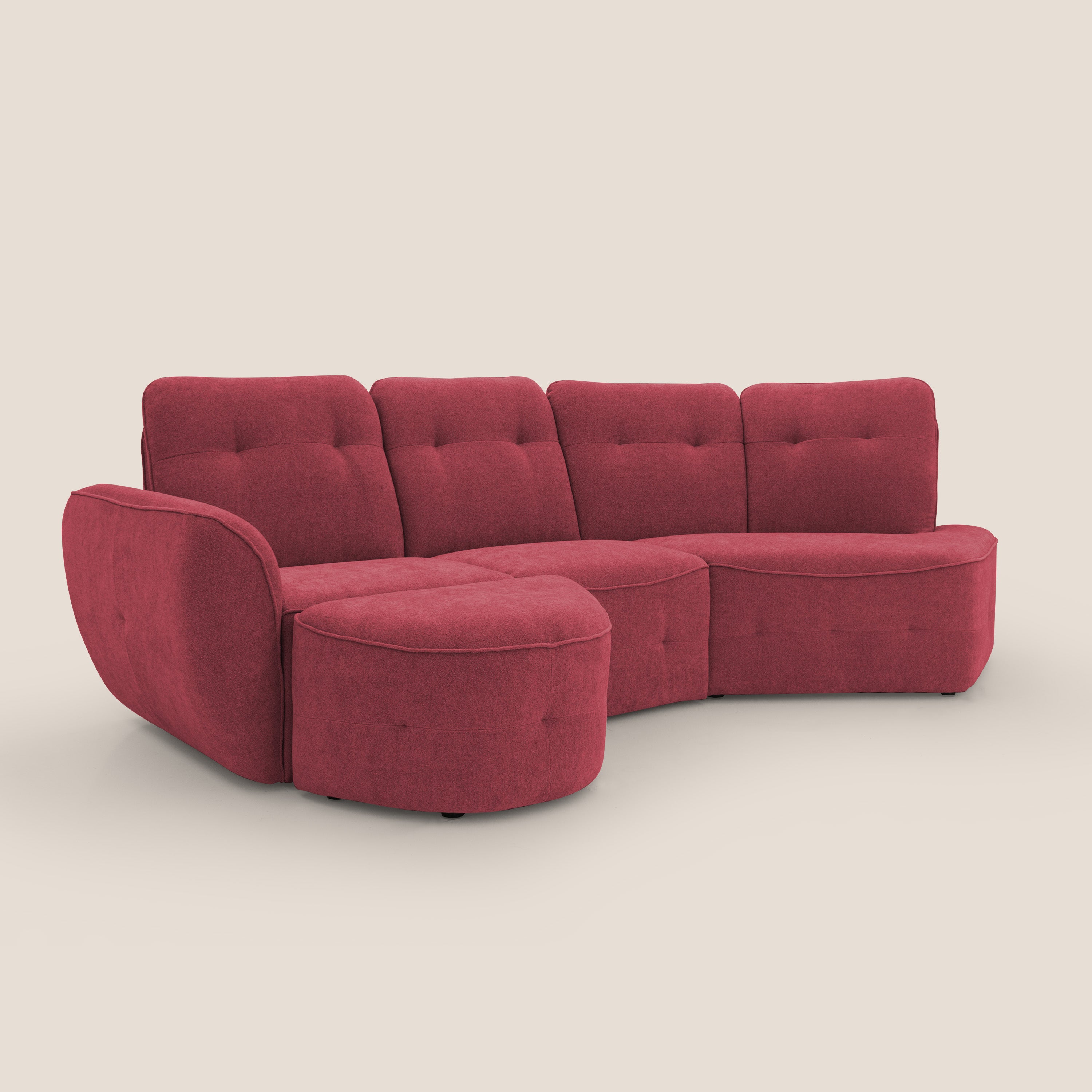 Cerbero divano angolare con pouf mobile in morbido bouclé impermeabile T07 rosso - divani.store