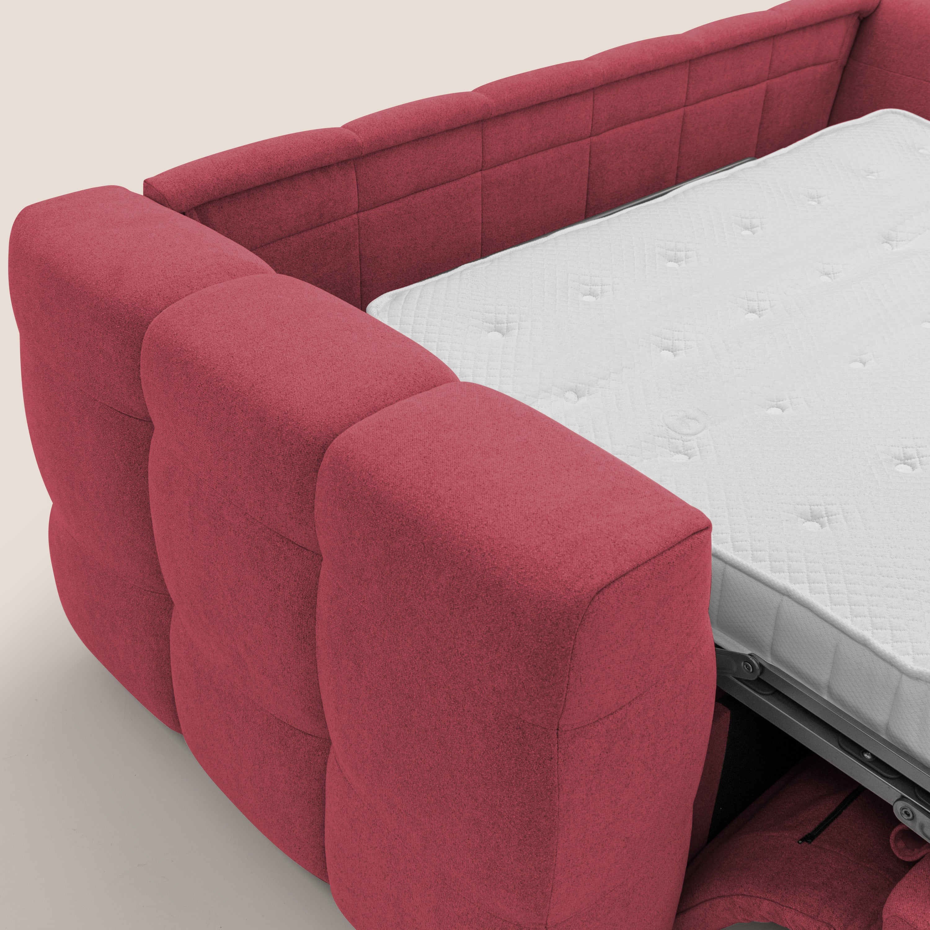 Tender Divano letto matrimoniale dal design innovativo in tessuto bouclet impermeabile T07 rosso - divani.store