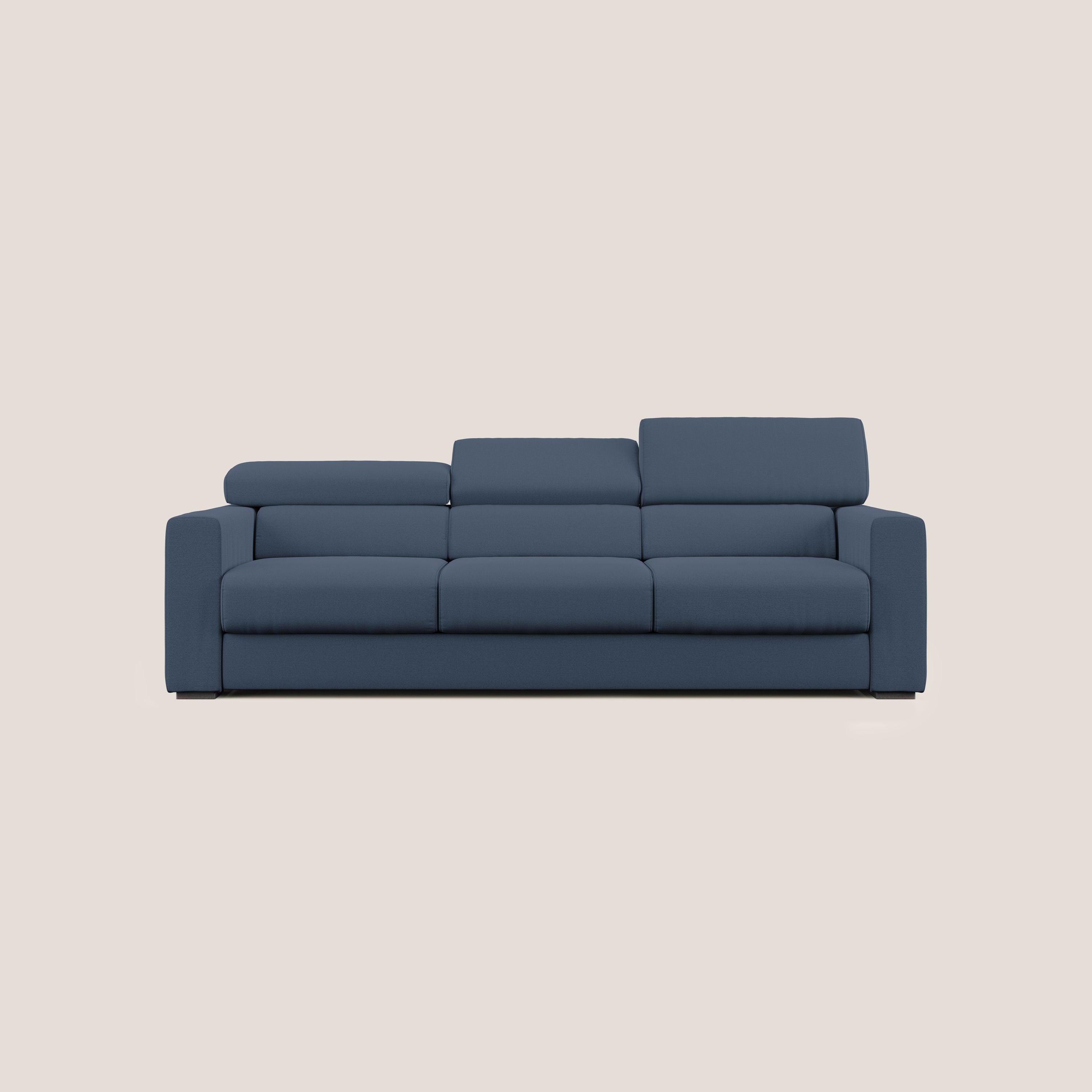 Dylan divano a 3 sedute con pouf estraibile poggiapiedi in tessuto fiammato simil cotone impermeabile T19 blu - divani.store