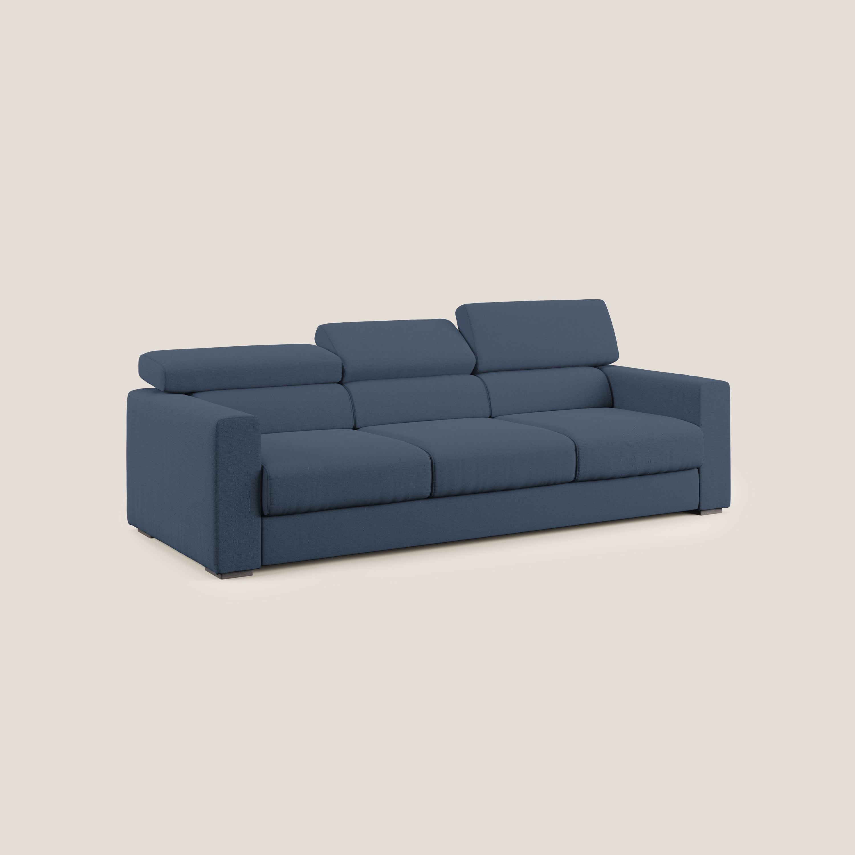 Dylan divano a 3 sedute con pouf estraibile poggiapiedi in tessuto fiammato simil cotone impermeabile T19 blu - divani.store
