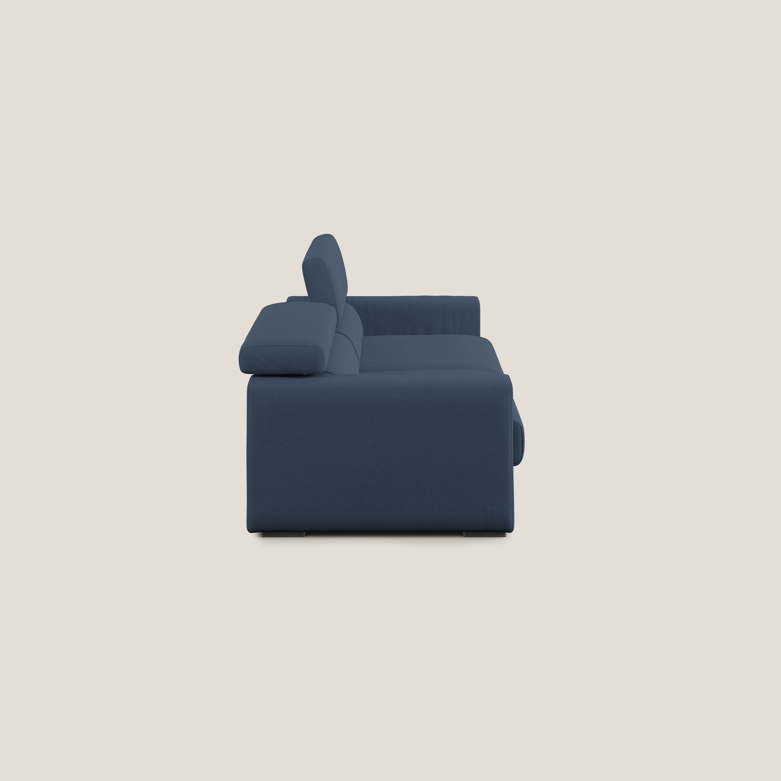 Dylan divano allungabile con pouf estraibile poggiapiedi in tessuto fiammato simil cotone impermeabile T19 blu - divani.store