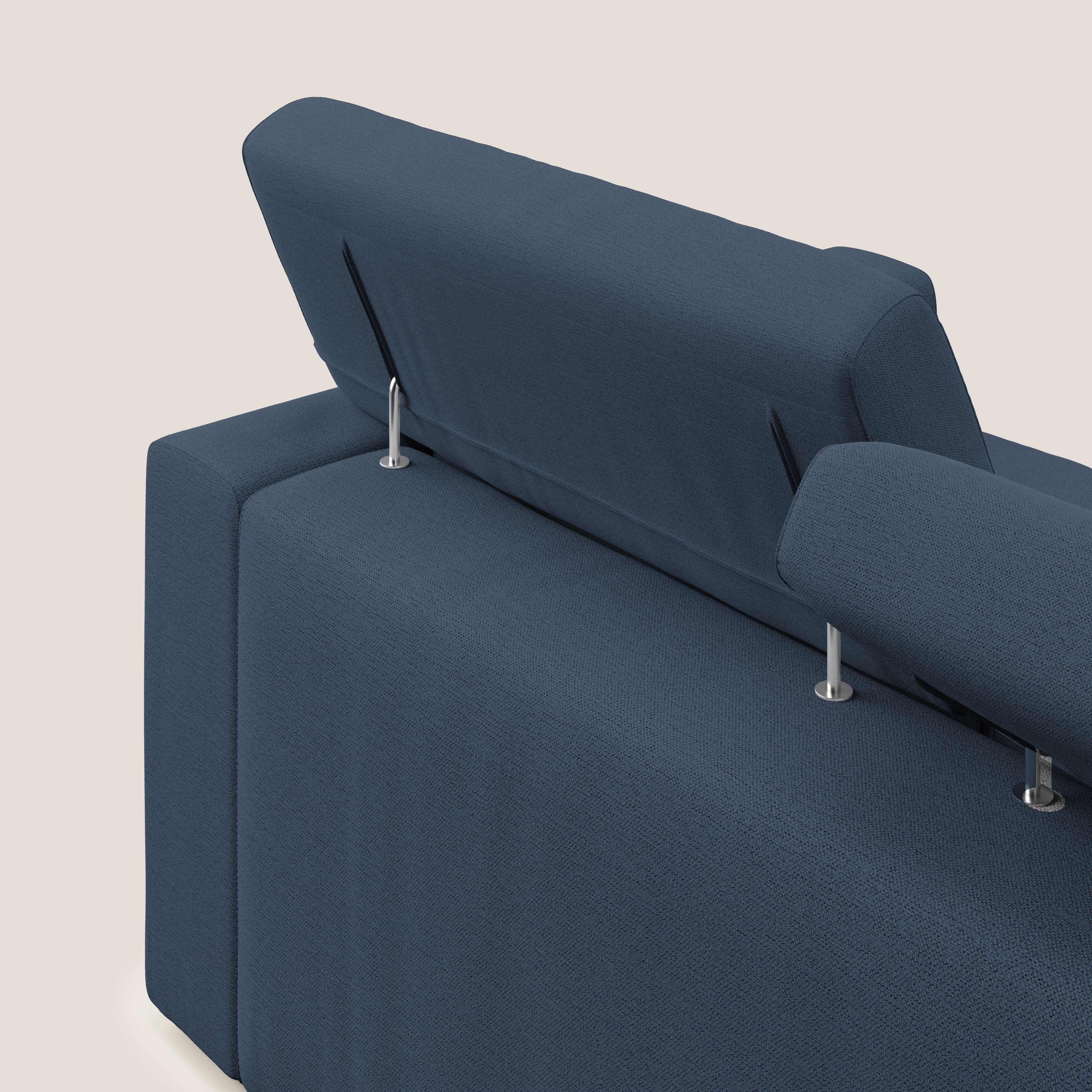 Dylan divano a 3 sedute con pouf estraibile poggiapiedi in tessuto fiammato simil cotone impermeabile T19 blu - divani.store