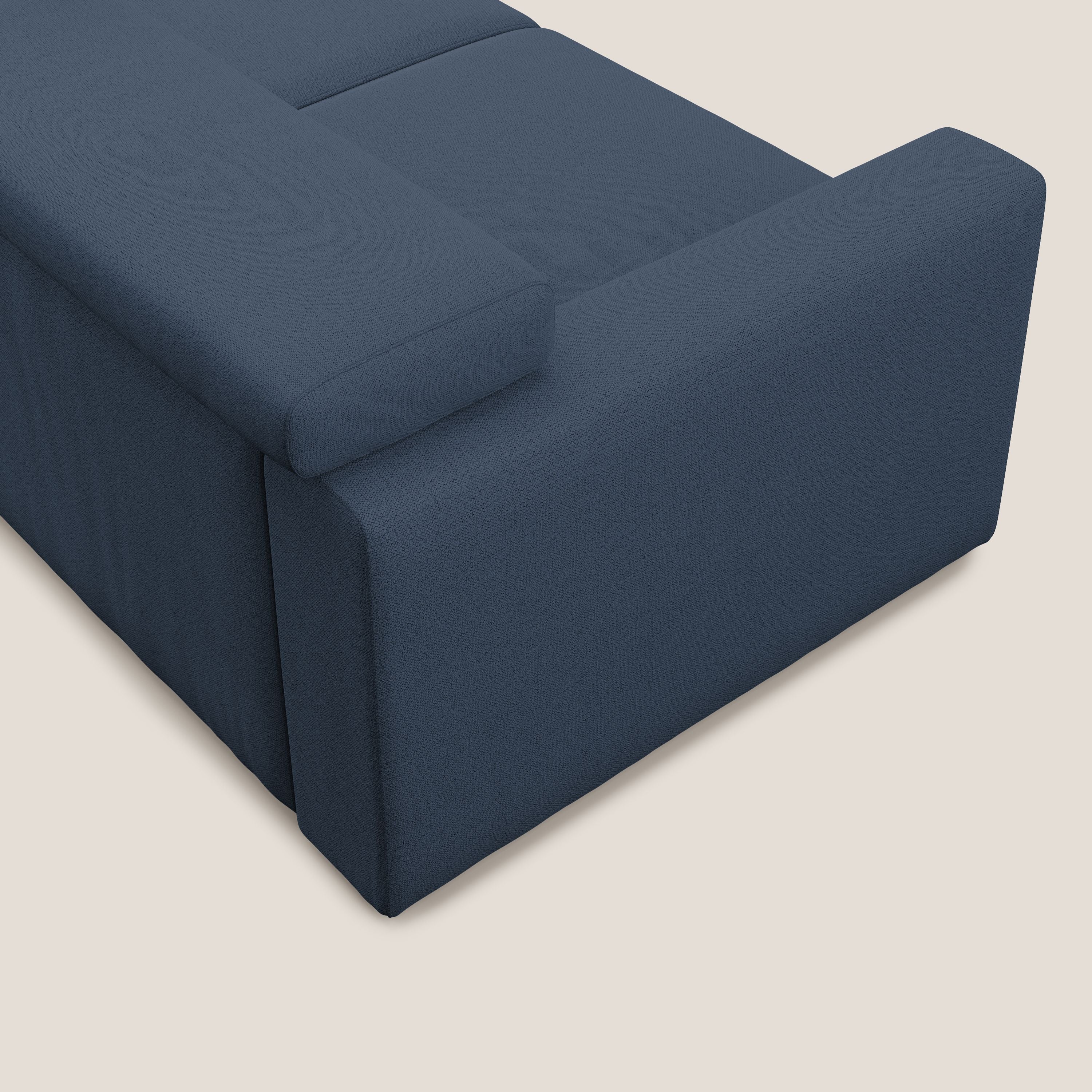 Dylan divano allungabile con pouf estraibile poggiapiedi in tessuto fiammato simil cotone impermeabile T19 blu - divani.store