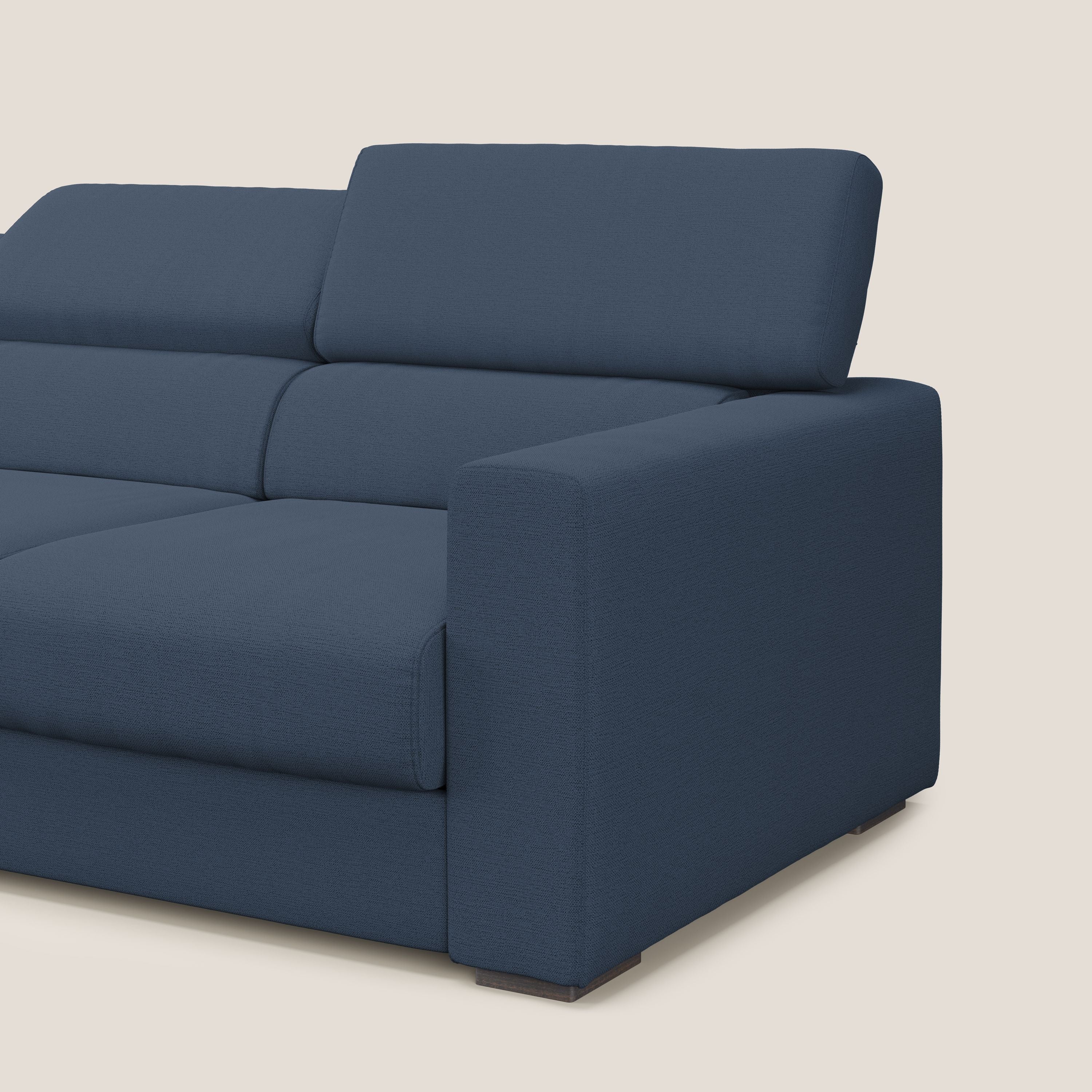 Dylan divano a 3 sedute con pouf estraibile poggiapiedi in tessuto fiammato simil cotone impermeabile T19 blu - divani.store