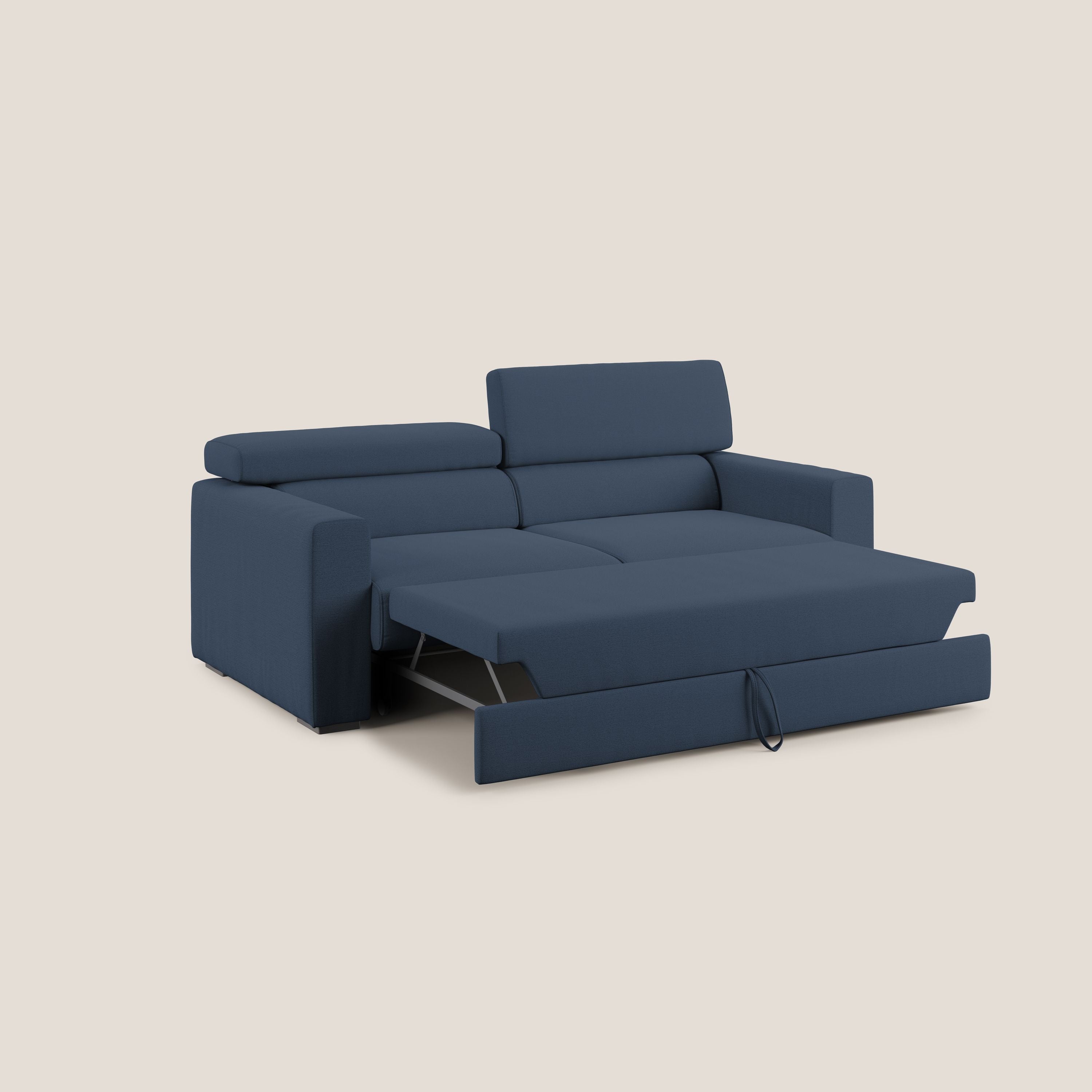 Dylan divano allungabile con pouf estraibile poggiapiedi in tessuto fiammato simil cotone impermeabile T19 blu - divani.store