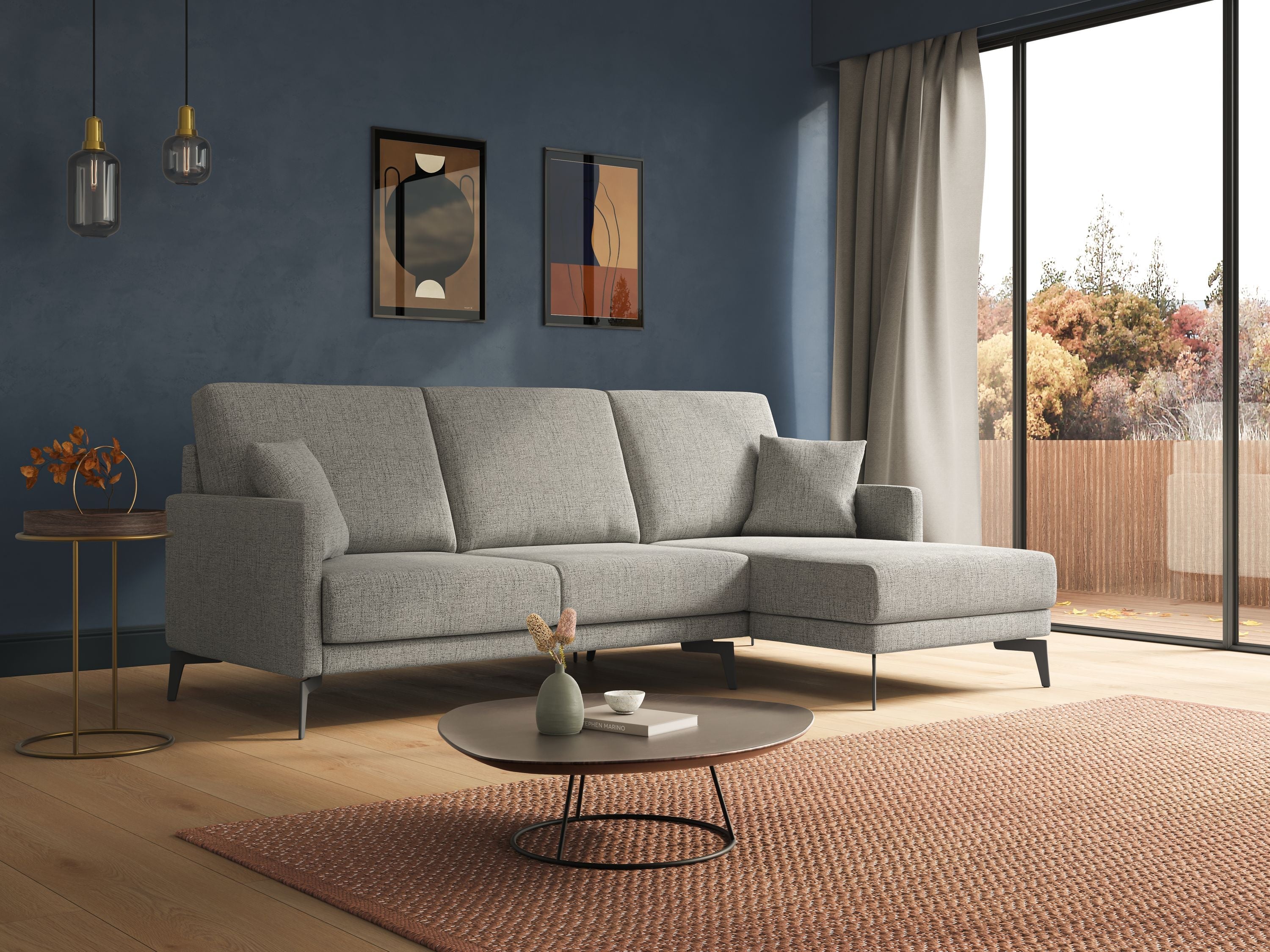 Saturno divano angolare moderno in tessuto morbido impermeabile T03 azzurro - divani.store