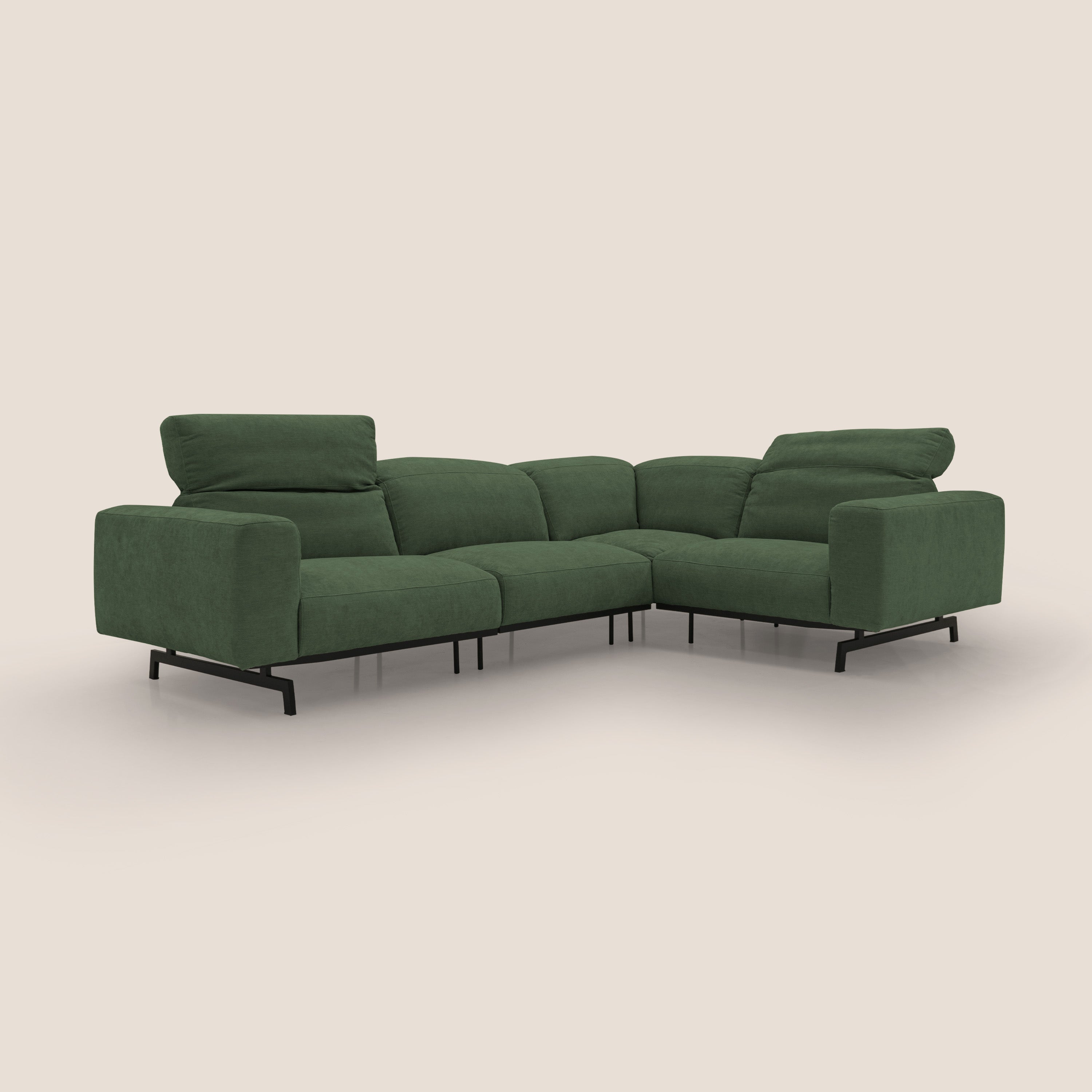 Sakura divano in piuma d'oca angolare REVERSIBILE in morbido tessuto fiammato impermeabile T14 verde - divani.store