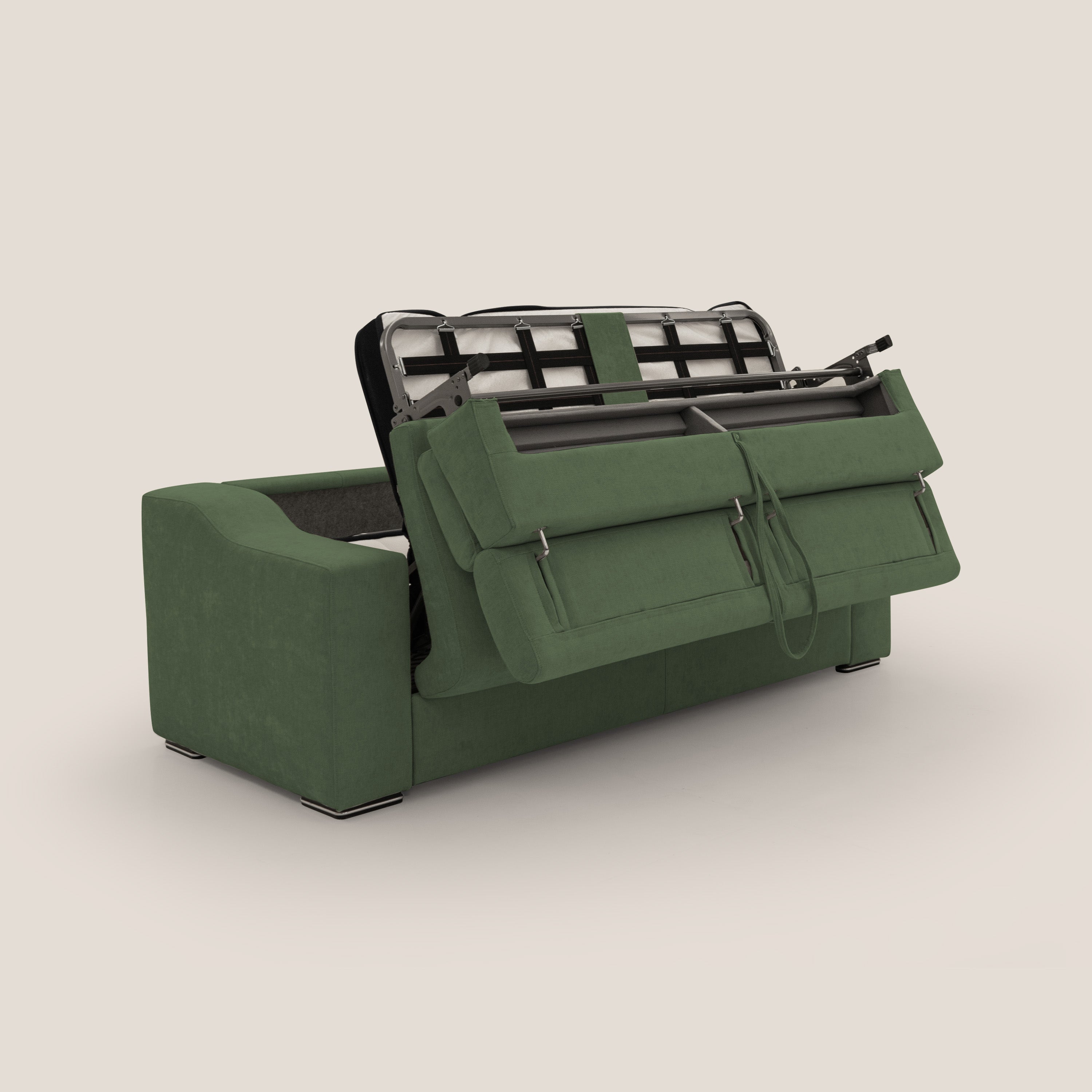 Bomber divano letto matrimoniale con poggiatesta in tessuto impermeabile T14 verde - divani.store