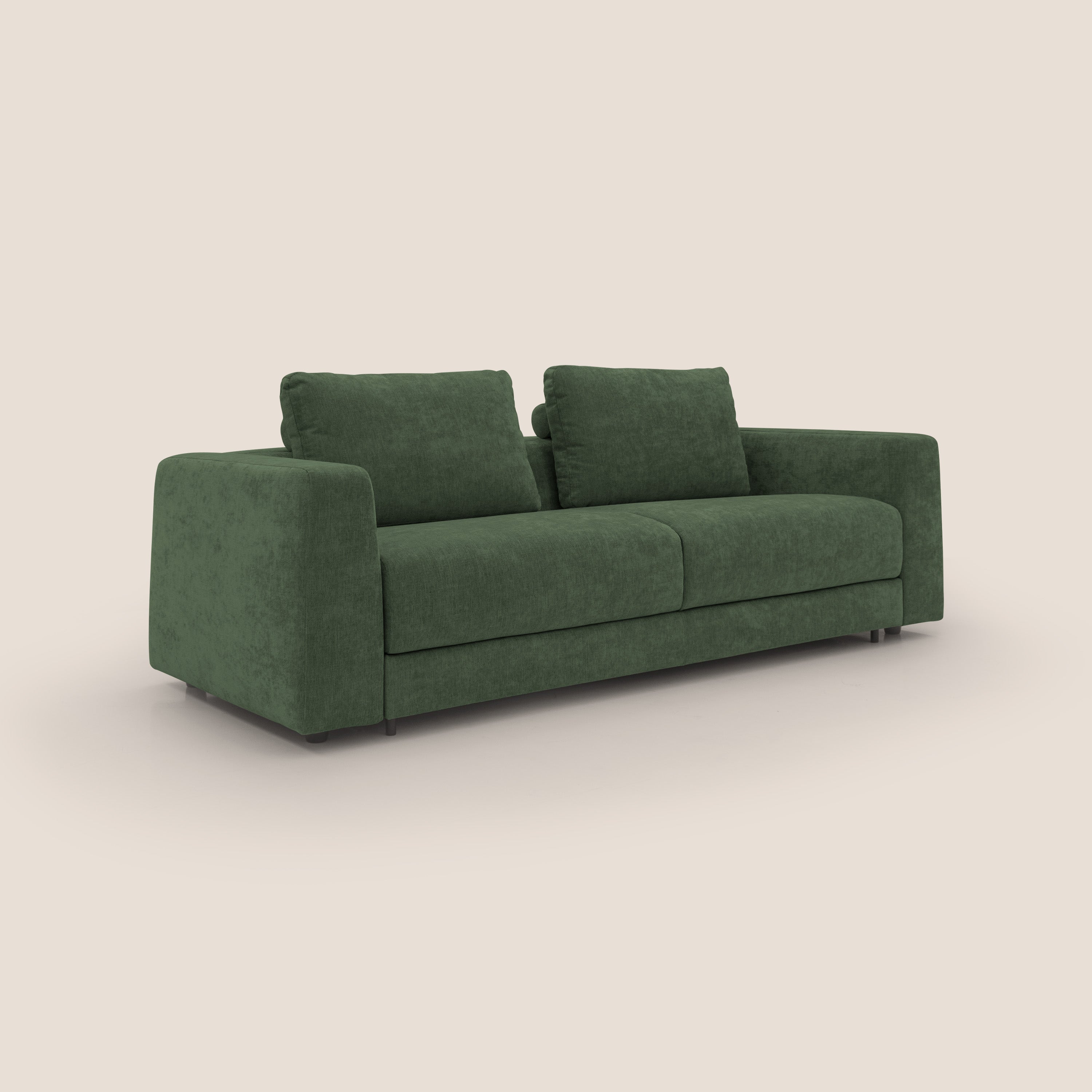 Freia Divano letto minimal materasso h15 cm con morbidi schienali in tessuto impermeabile T14 verde - divani.store