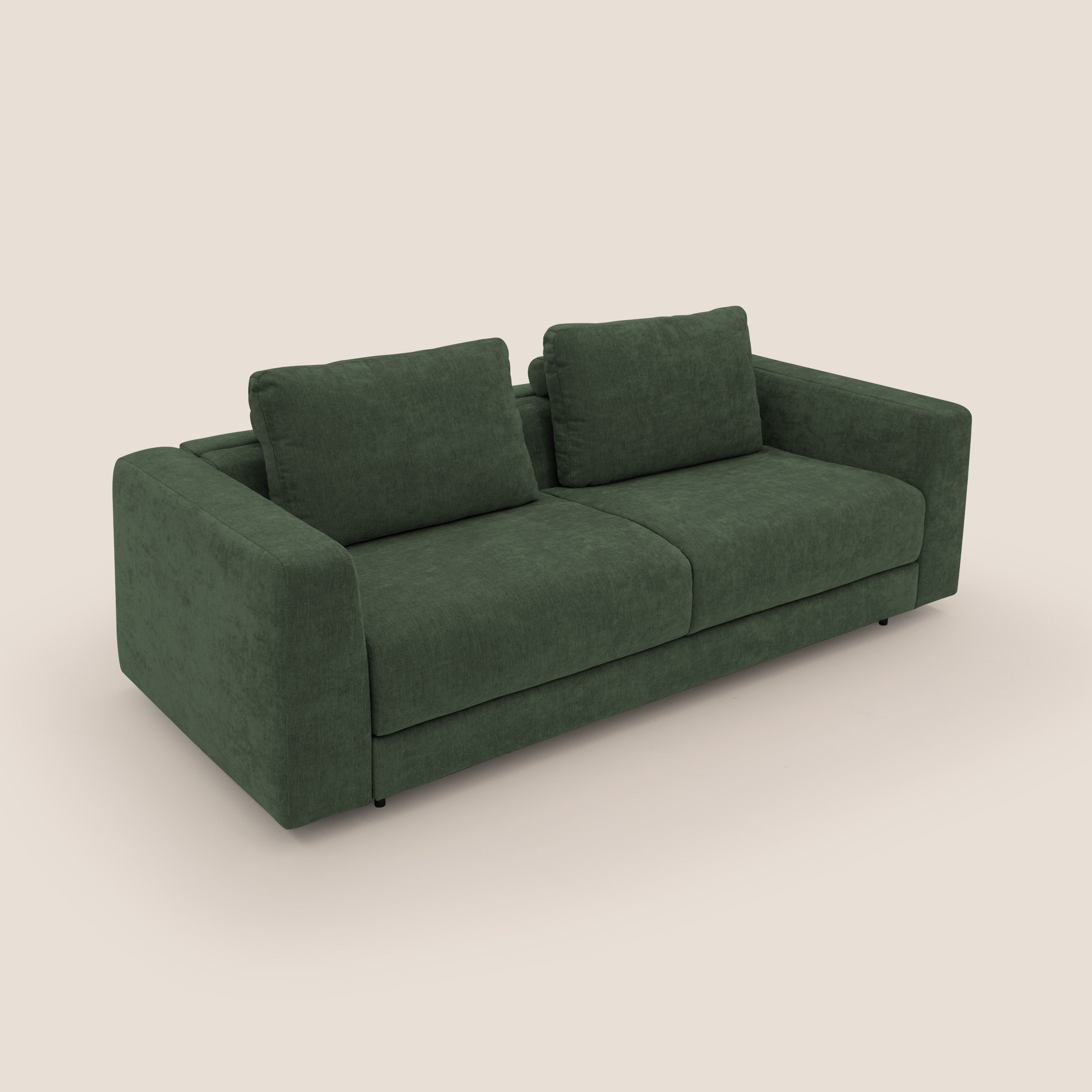 Freia Divano letto minimal materasso h15 cm con morbidi schienali in tessuto impermeabile T14 verde - divani.store
