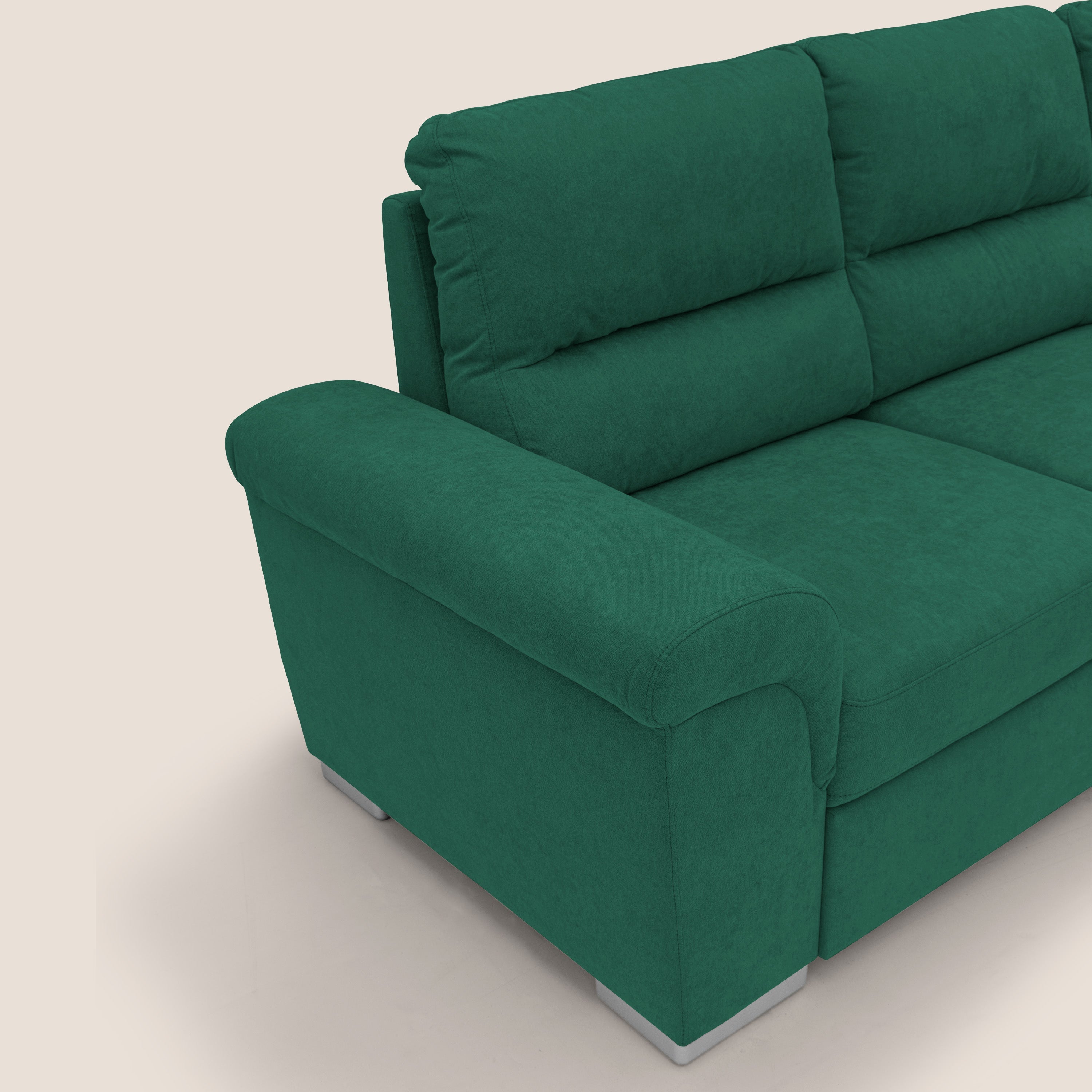 Minerva divano angolare con estraibile a cassettone e pouf contenitore in tessuto morbido impermeabile T02 verde - divani.store