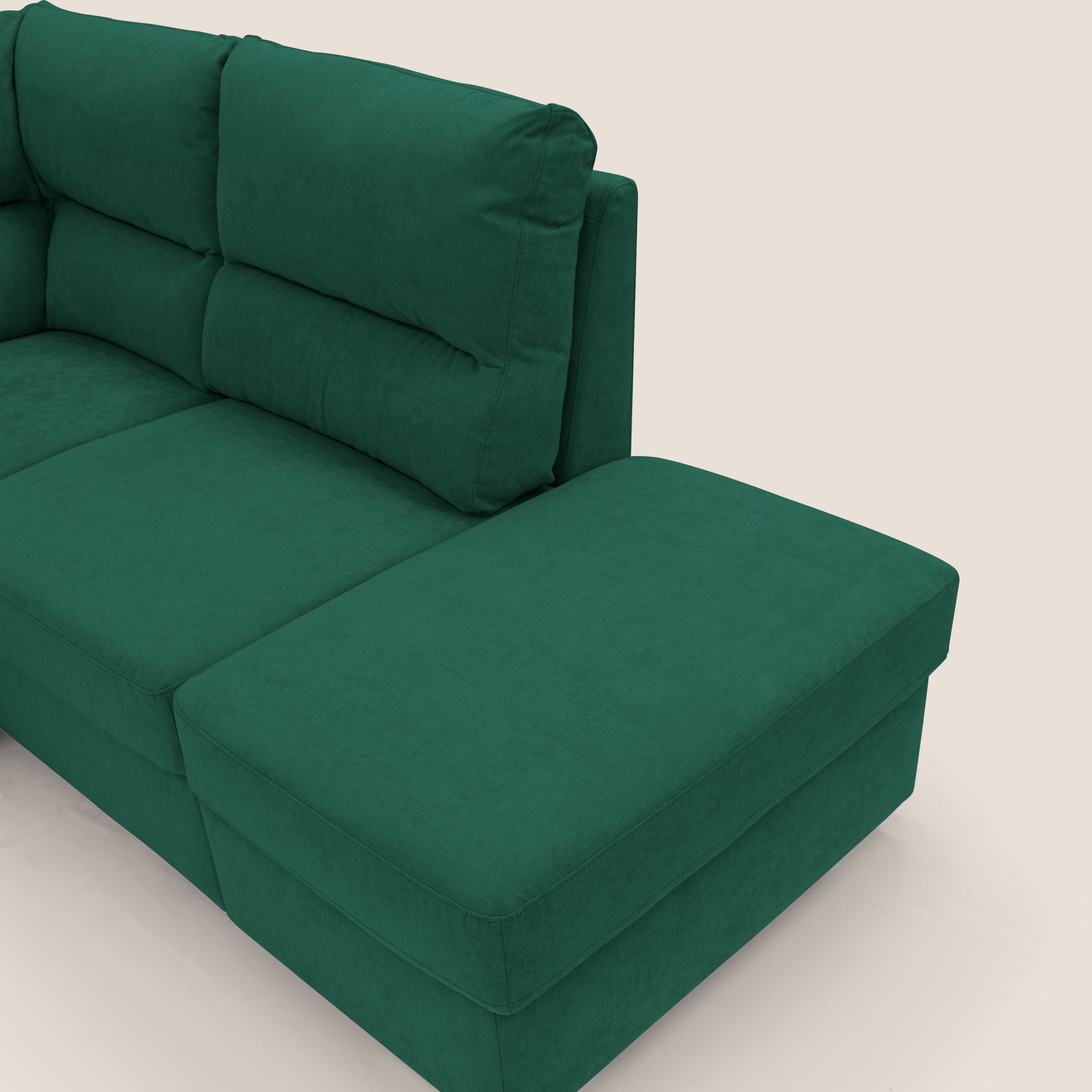 Minerva divano angolare con estraibile a cassettone e pouf contenitore in tessuto morbido impermeabile T02 verde - divani.store