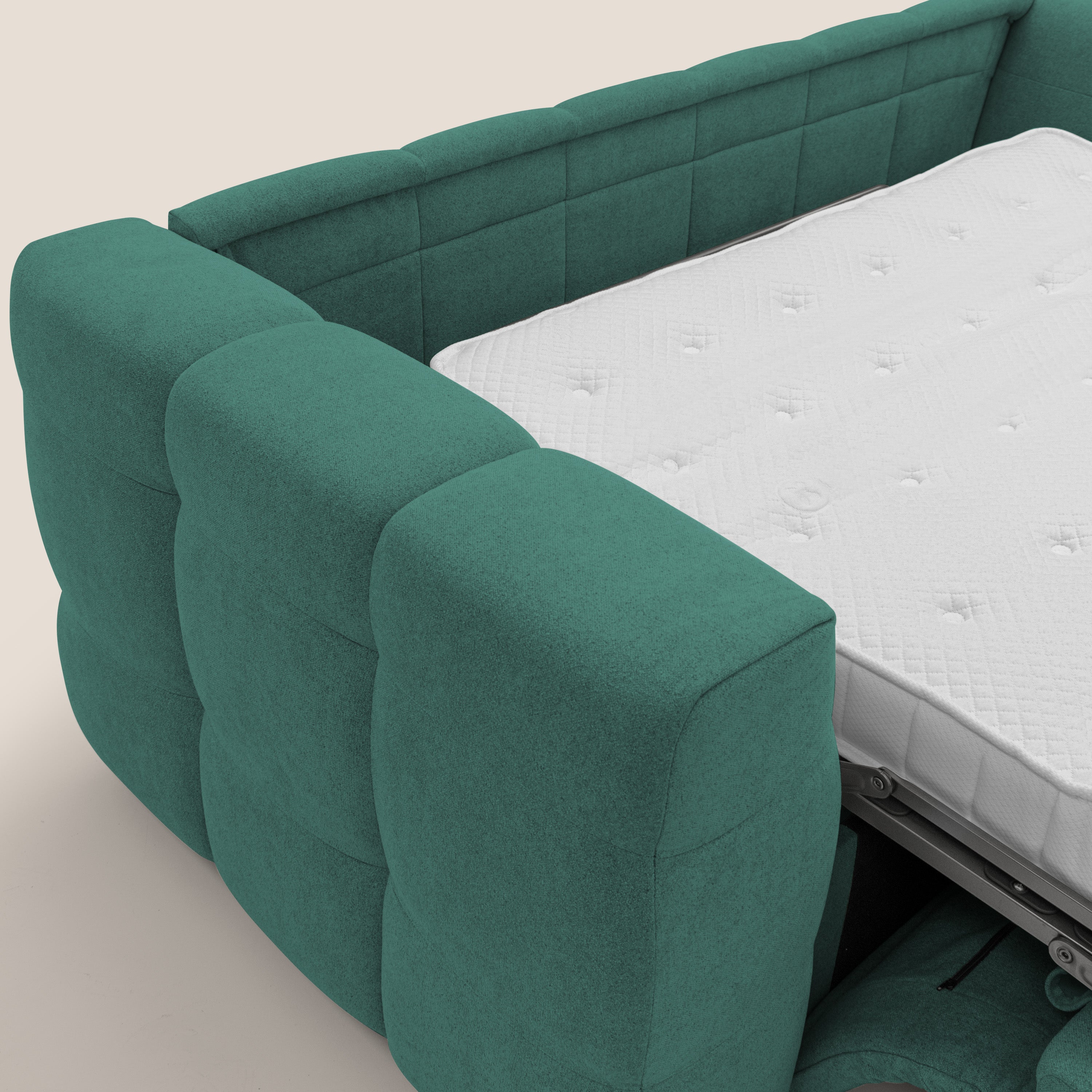 Tender Divano letto matrimoniale dal design innovativo in tessuto bouclet impermeabile T07 verde - divani.store