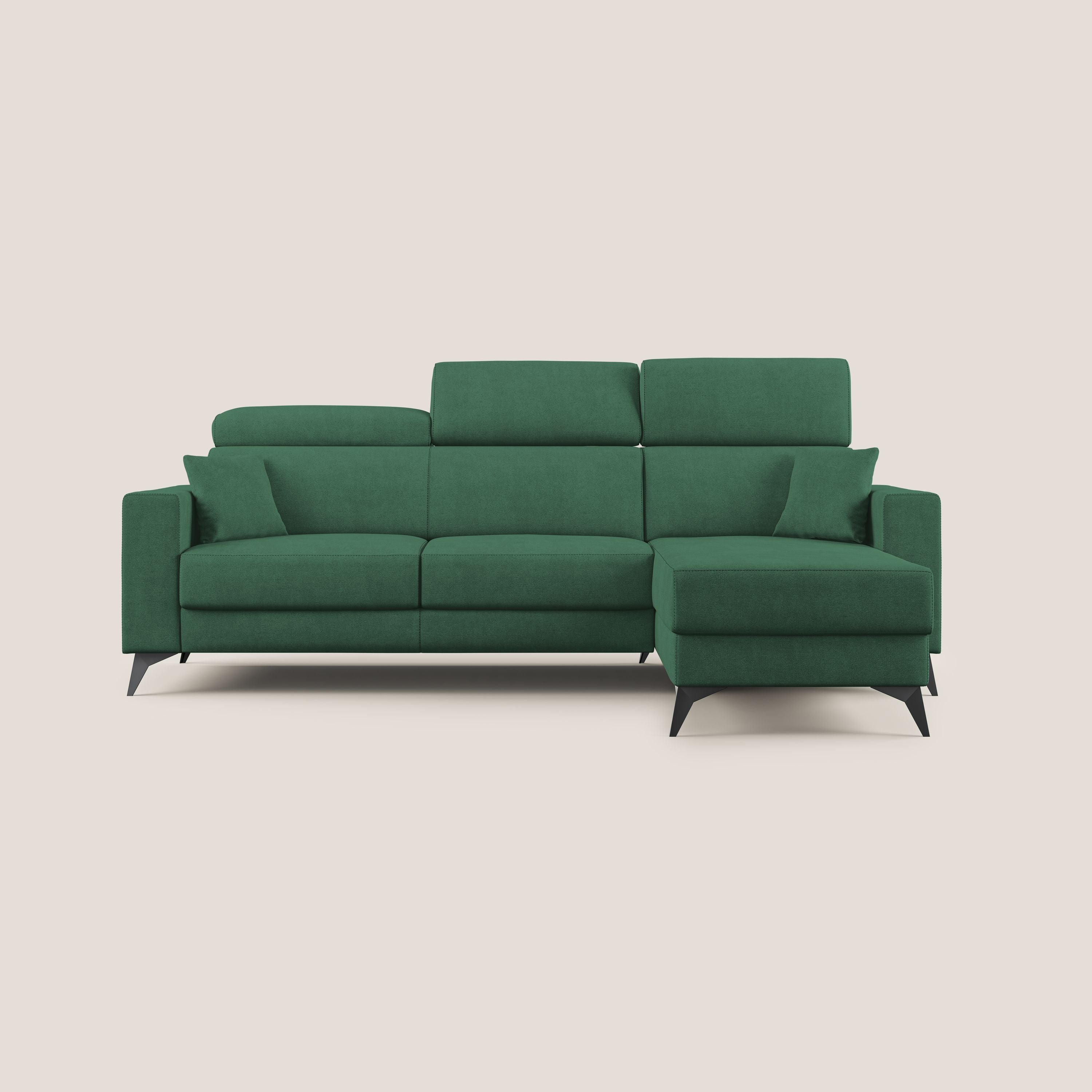 Pegaso divano letto angolare con poggiatesta reclinabili e rivestimento impermeabile T02 verde - divani.store