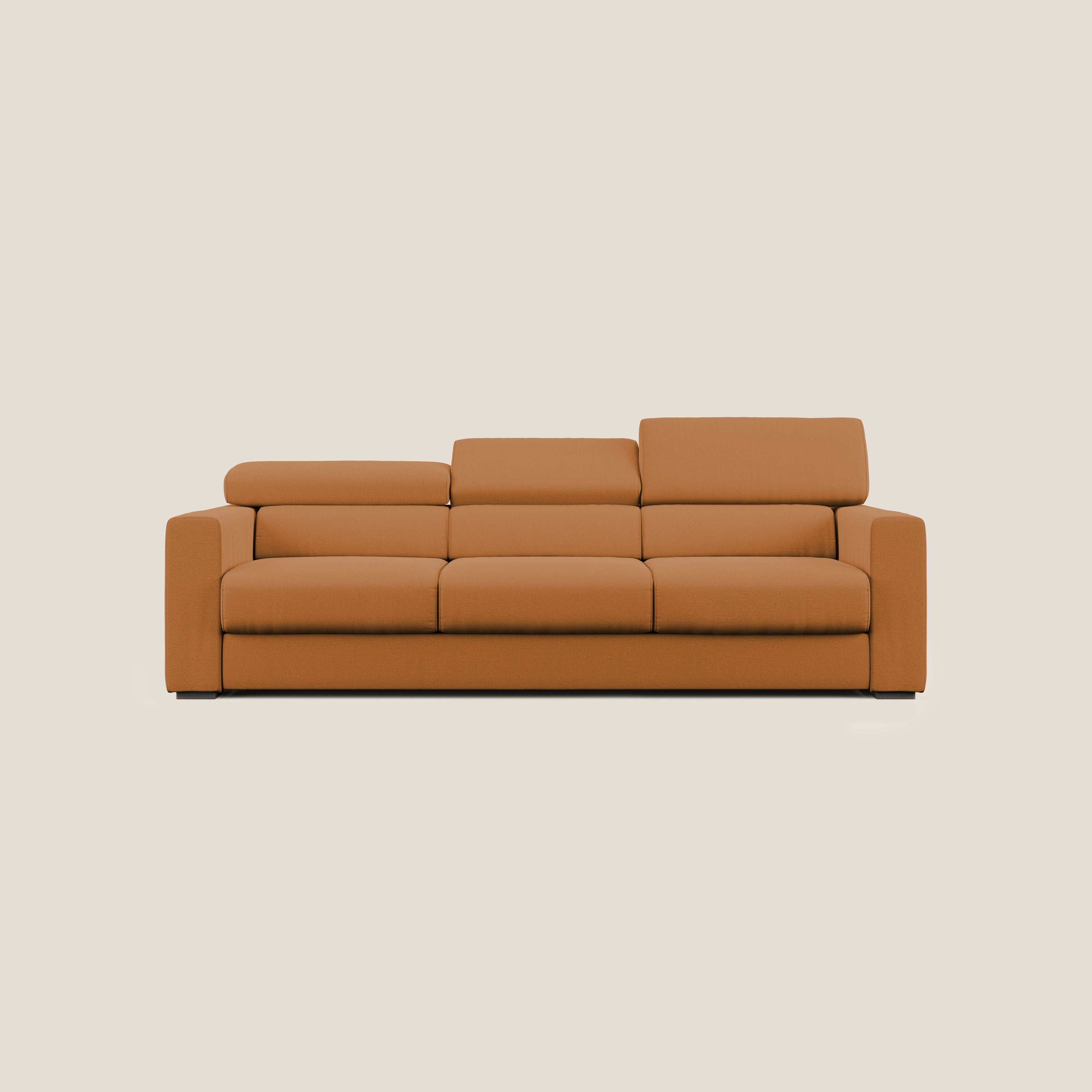 Dylan divano a 3 sedute con pouf estraibile poggiapiedi in tessuto fiammato simil cotone impermeabile T19 arancio - divani.store