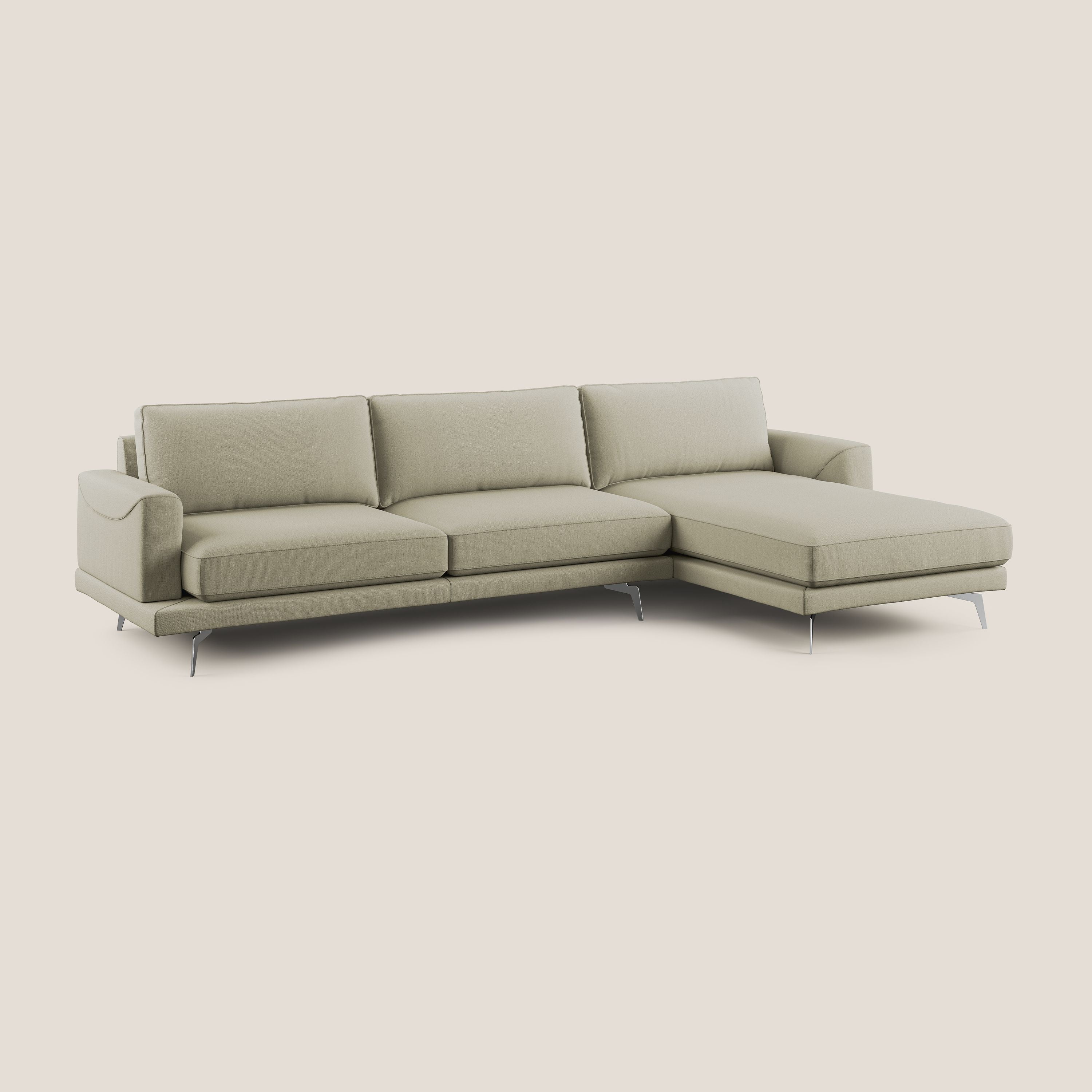 Dorian divano moderno angolare con penisola in tessuto morbido antimacchia T05 panna - divani.store