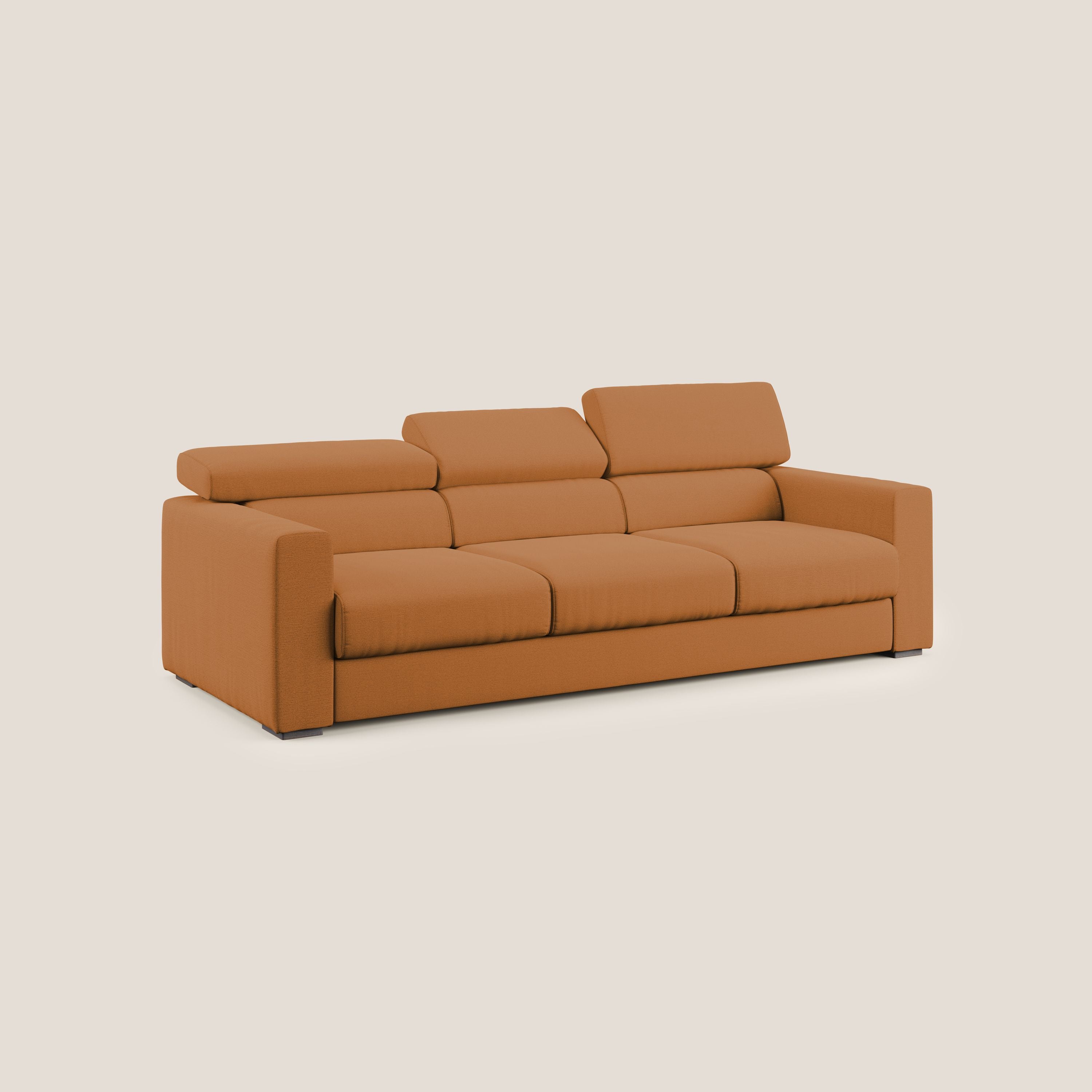 Dylan divano a 3 sedute con pouf estraibile poggiapiedi in tessuto fiammato simil cotone impermeabile T19 arancio - divani.store