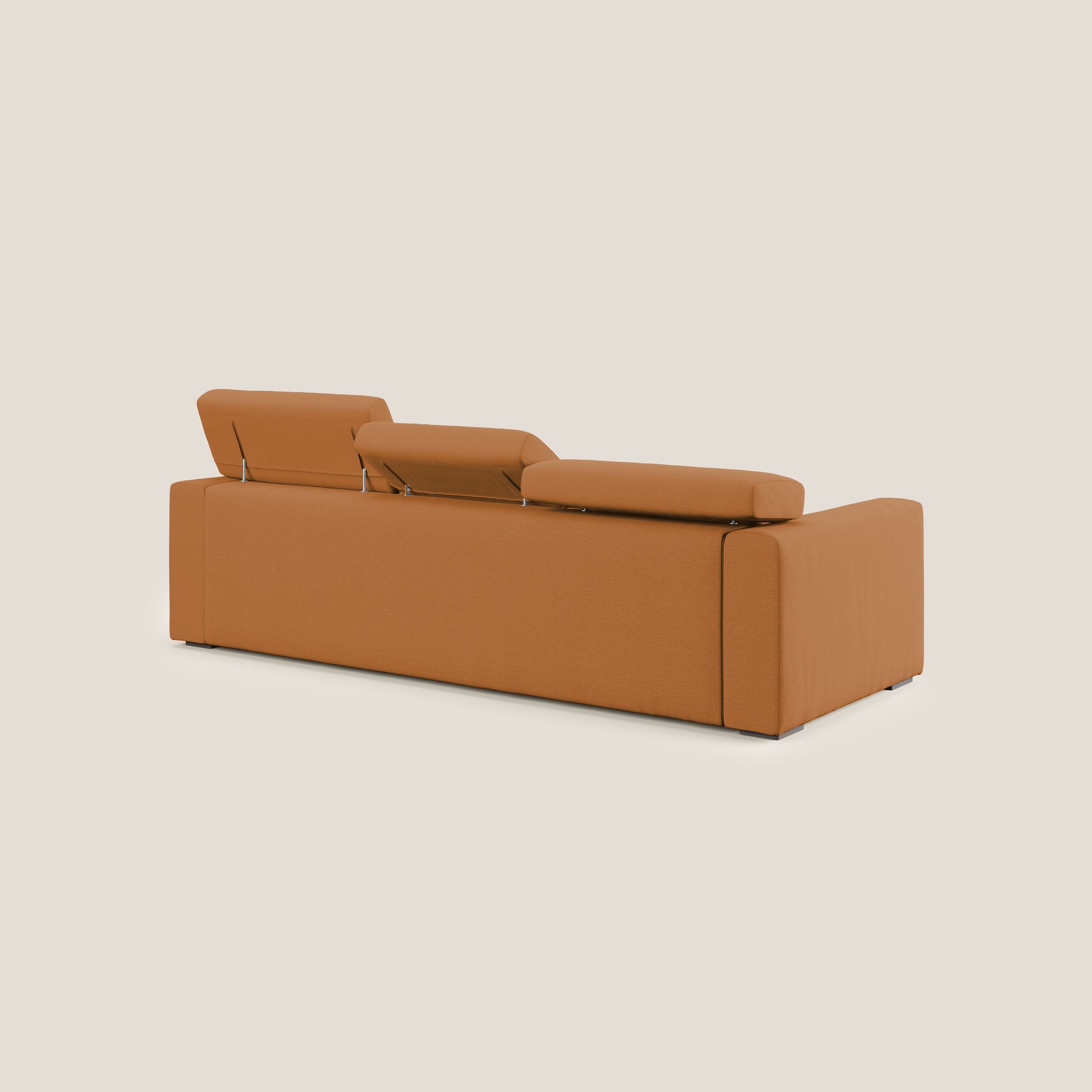 Dylan divano a 3 sedute con pouf estraibile poggiapiedi in tessuto fiammato simil cotone impermeabile T19 arancio - divani.store