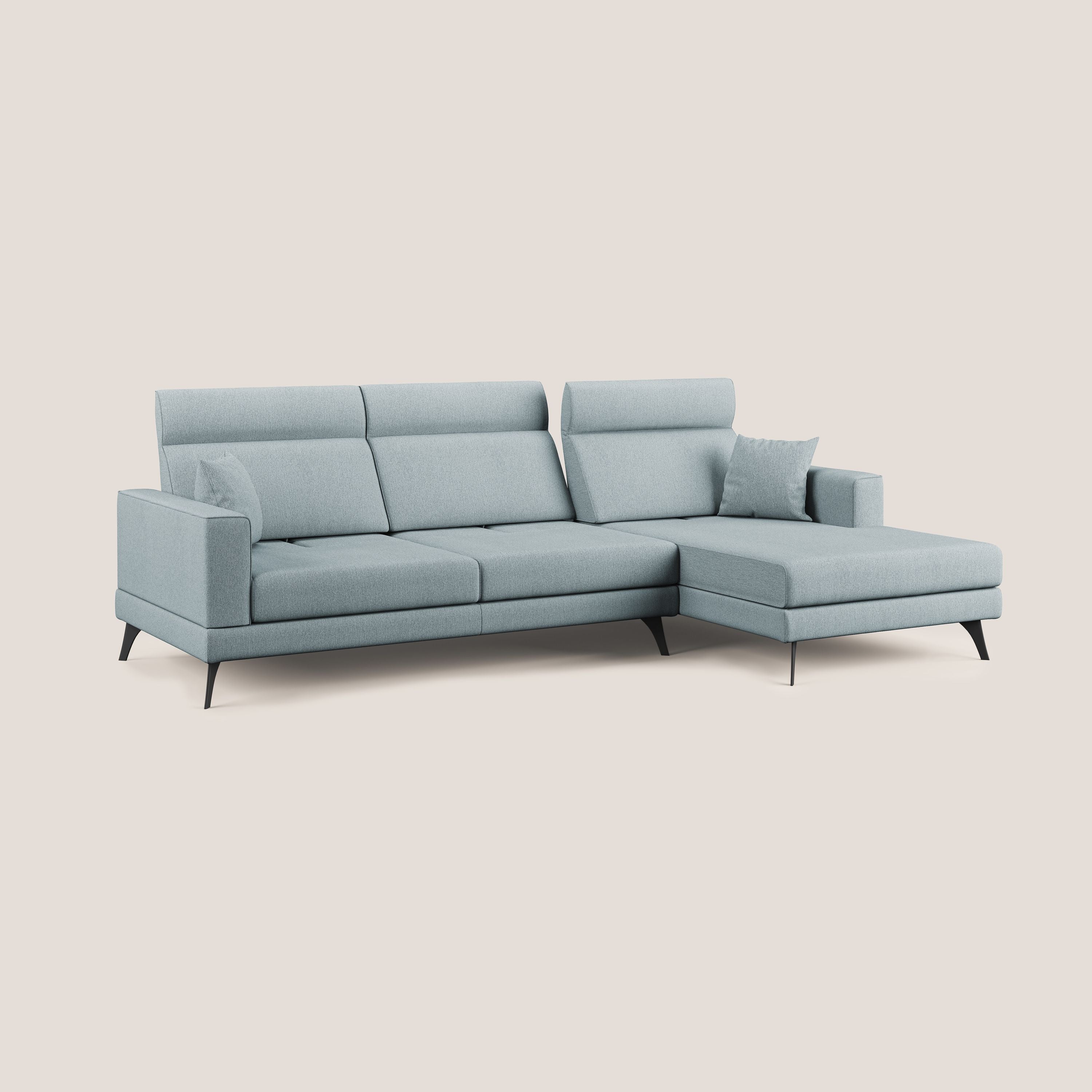 Slide Divano angolare con schienali traslanti e poggiatesta regolabili in tessuto smacchiabile T05 carta da zucchero - divani.store