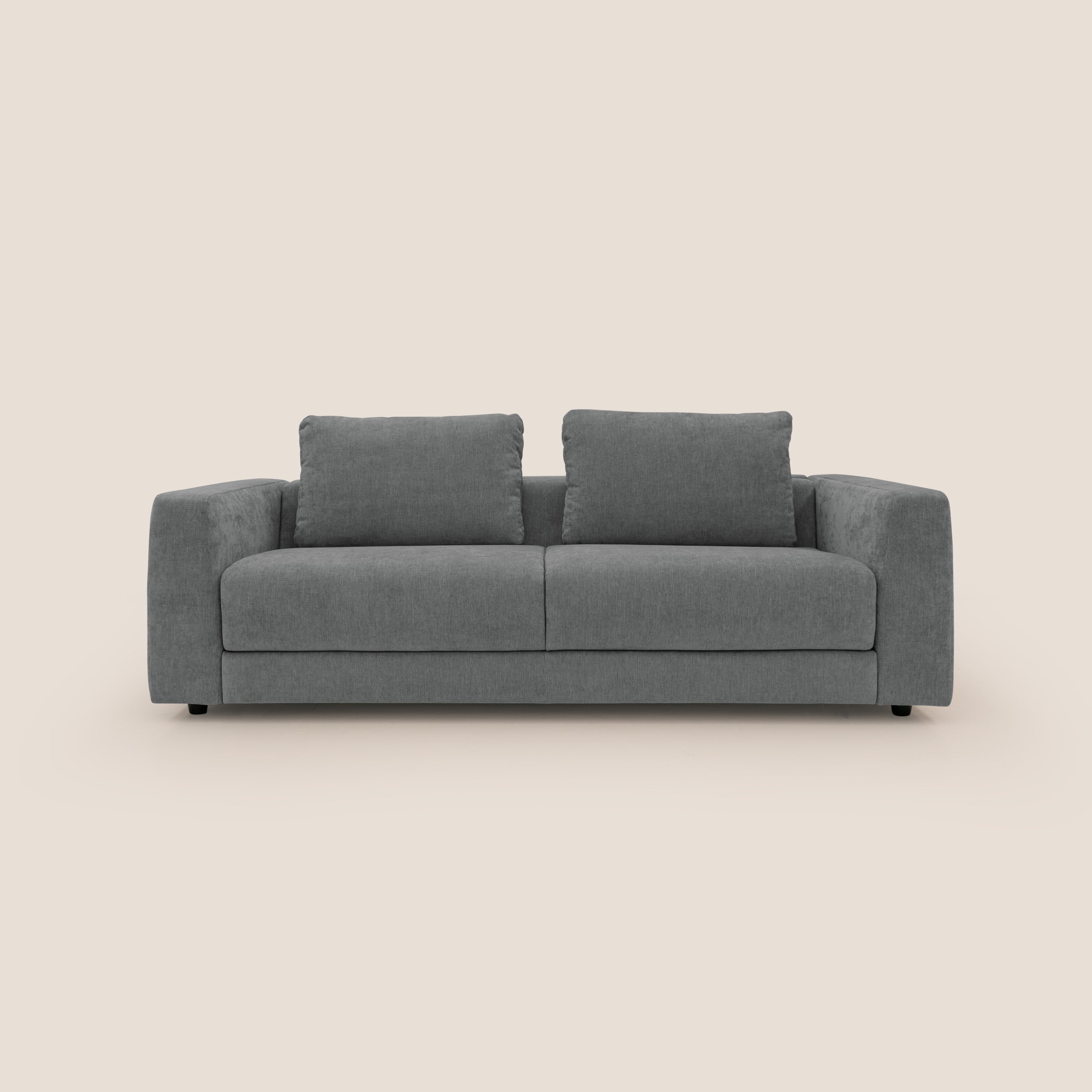 Freia Divano letto minimal materasso h15 cm con morbidi schienali in tessuto impermeabile T14 grigio - divani.store