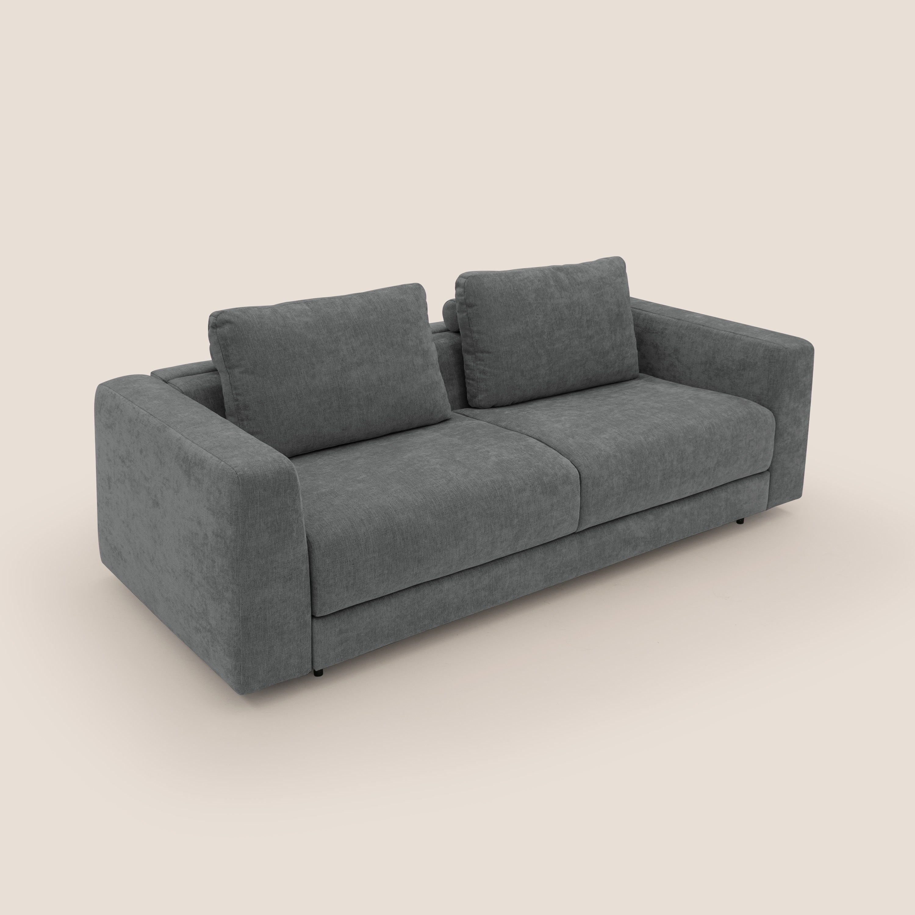 Freia Divano letto minimal materasso h15 cm con morbidi schienali in tessuto impermeabile T14 grigio - divani.store