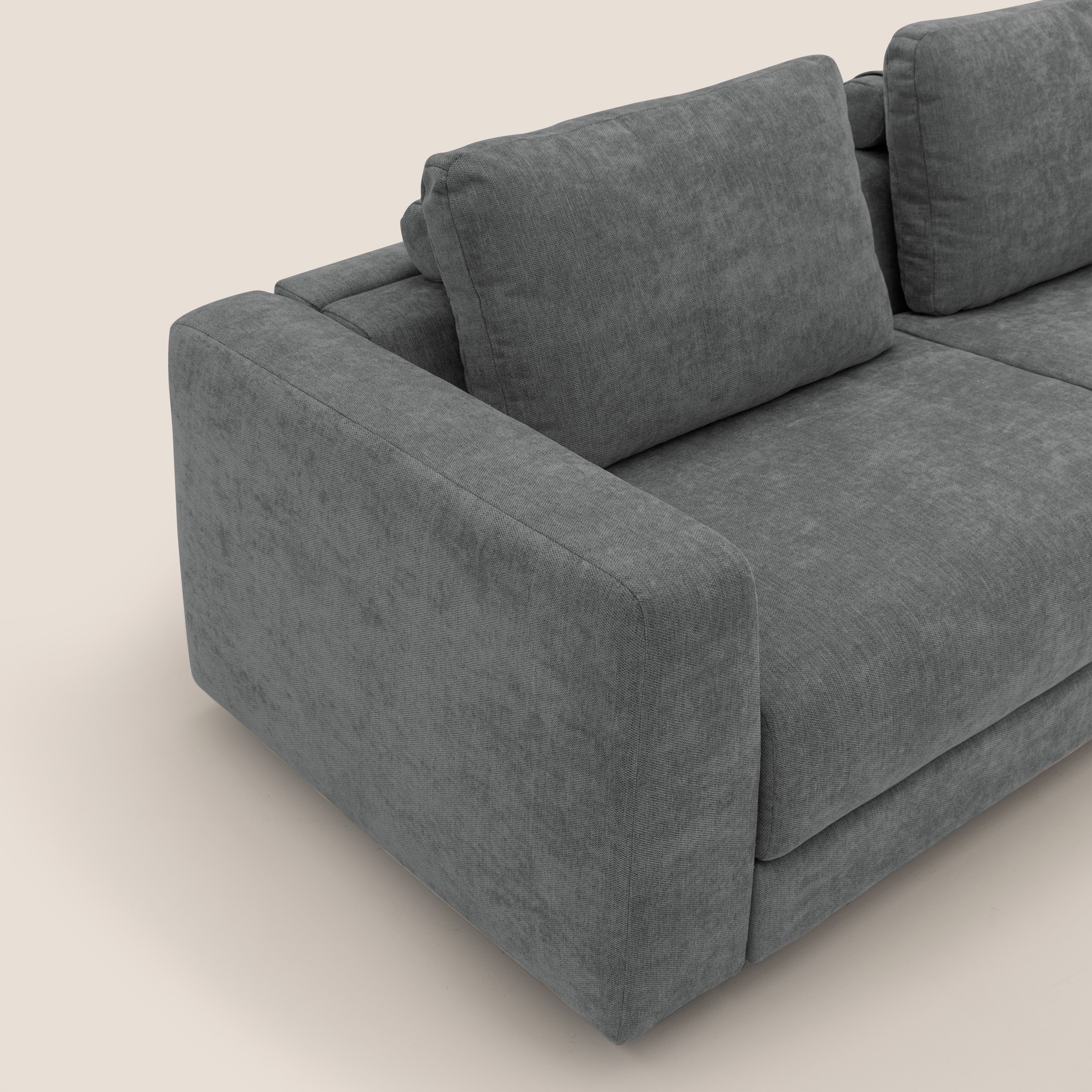 Freia Divano letto minimal materasso h15 cm con morbidi schienali in tessuto impermeabile T14 grigio - divani.store