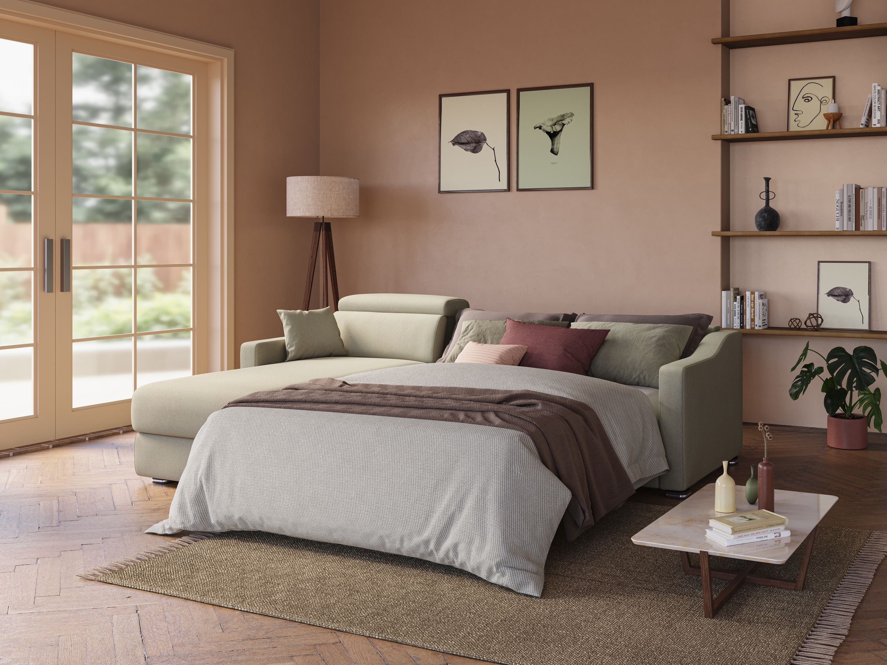 Amber divano letto angolare in tessuto smacchiabile T05 cammello - divani.store