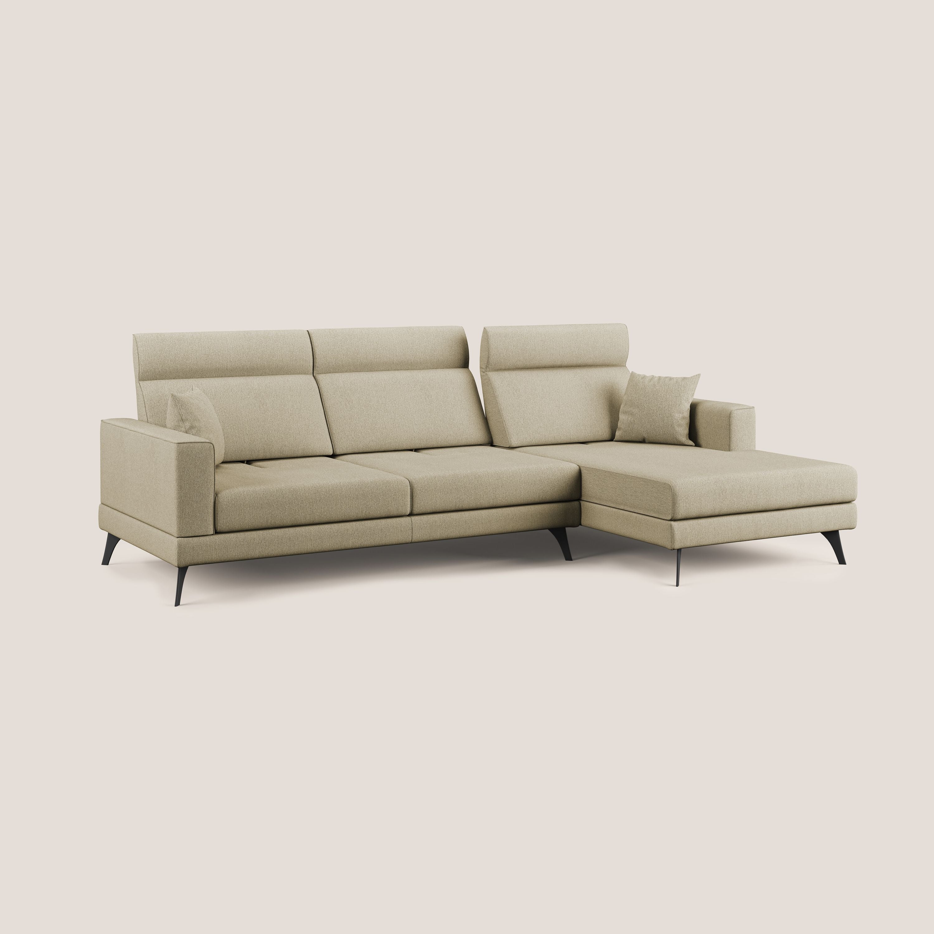 Slide Divano angolare con schienali traslanti e poggiatesta regolabili in tessuto smacchiabile T05 cammello - divani.store