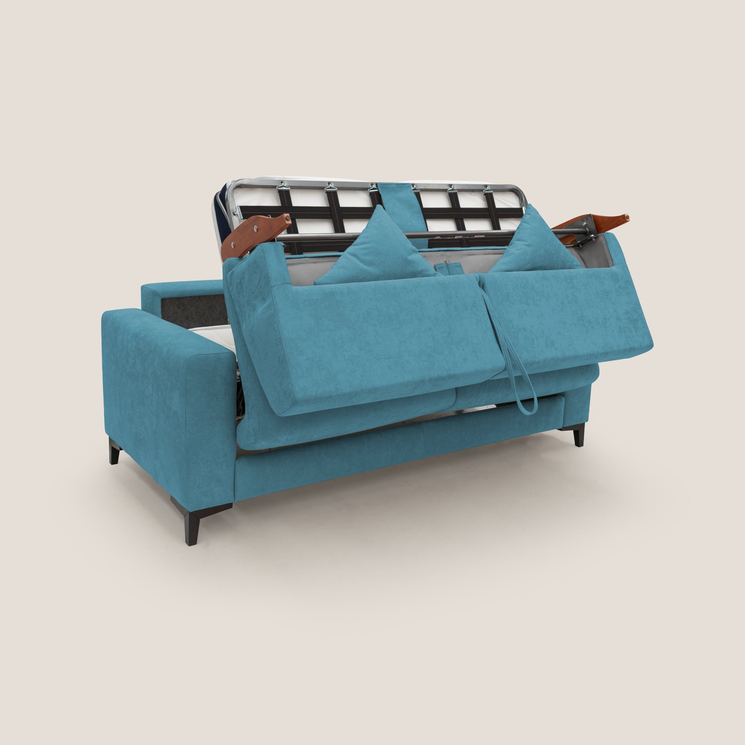 Kafka divano letto matrimoniale in morbido tessuto impermeabile T02 azzurro - divani.store