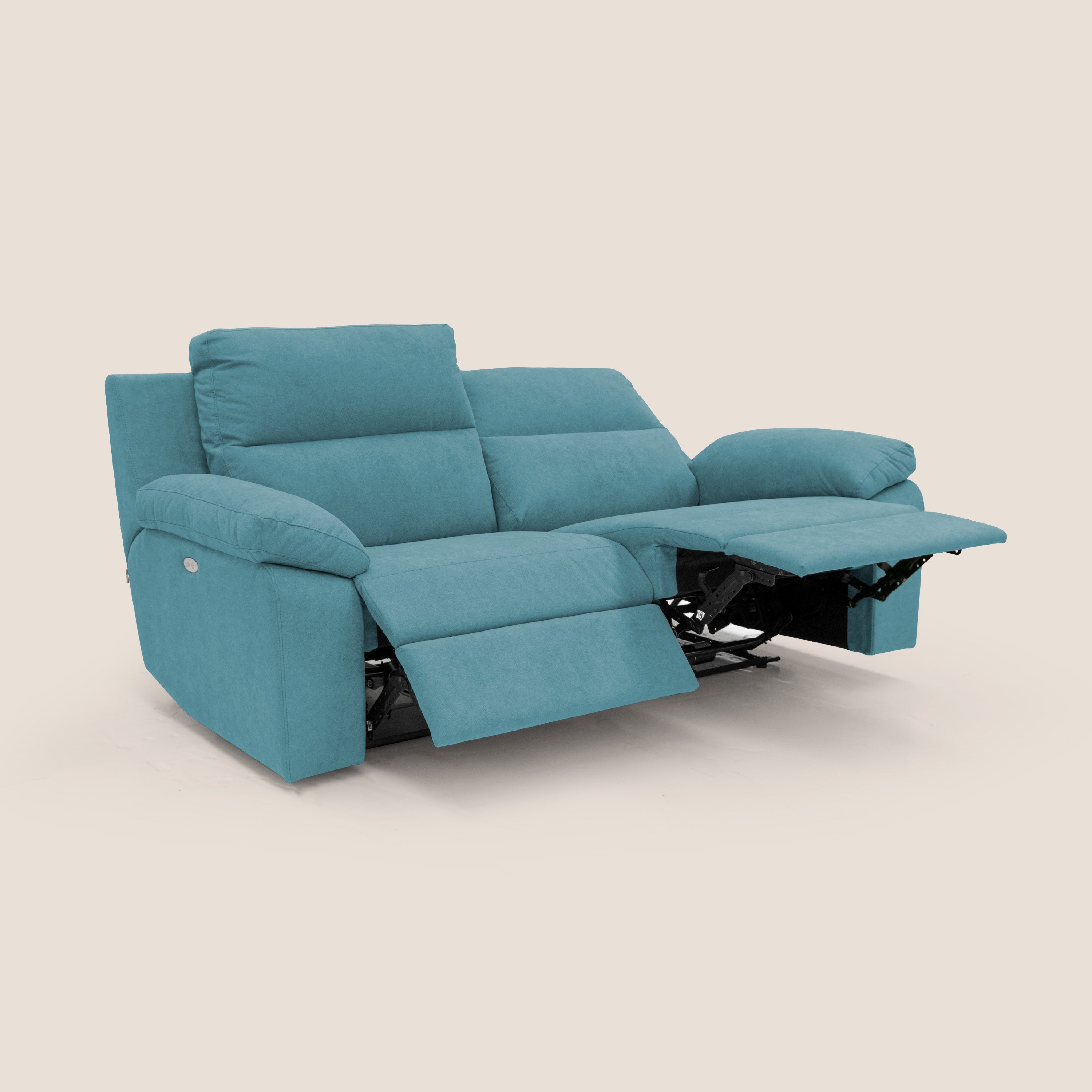Romeo Divano relax con recliner elettrico in morbido tessuto impermeabile T02 azzurro - divani.store