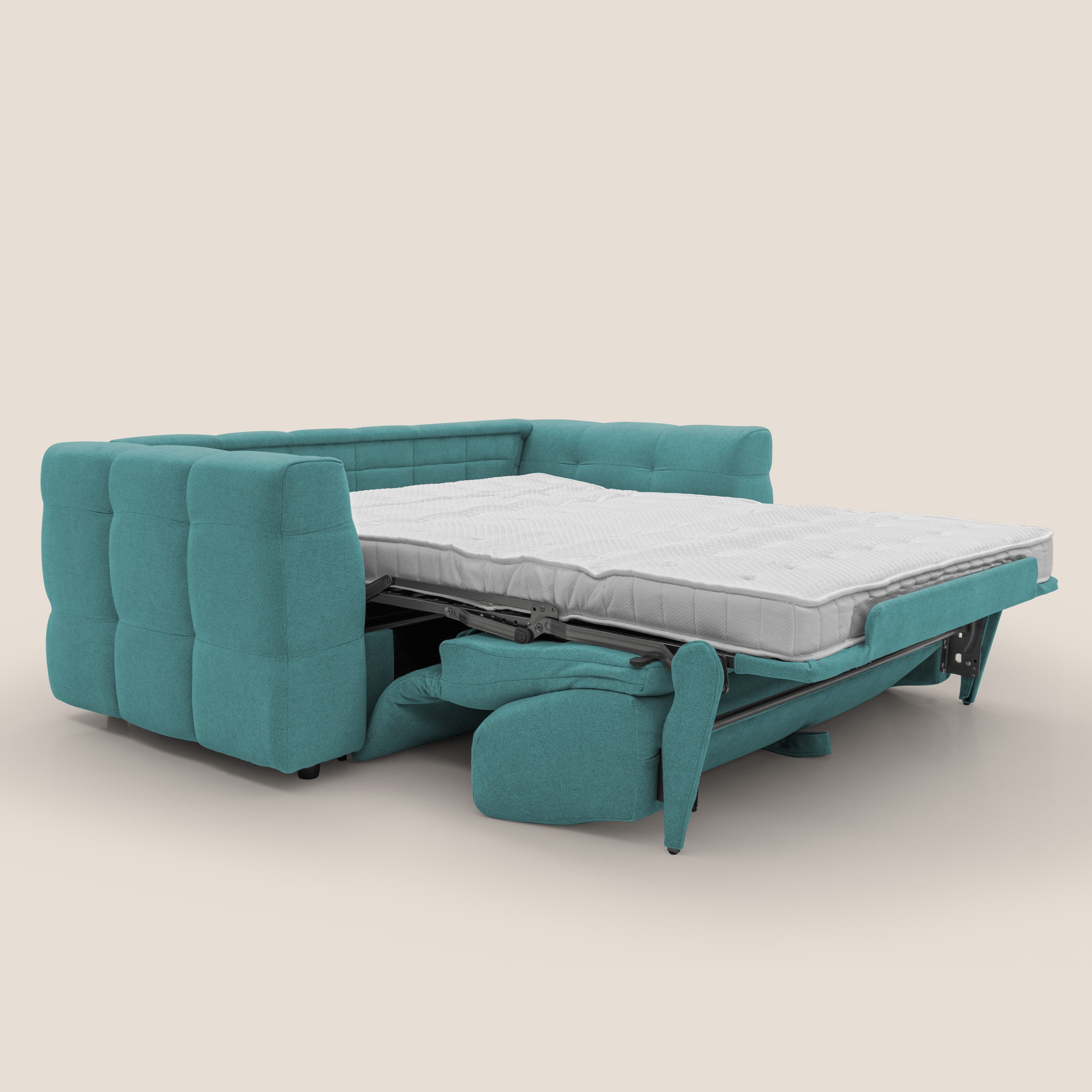 Tender Divano letto matrimoniale dal design innovativo in tessuto bouclet impermeabile T07 azzurro - divani.store