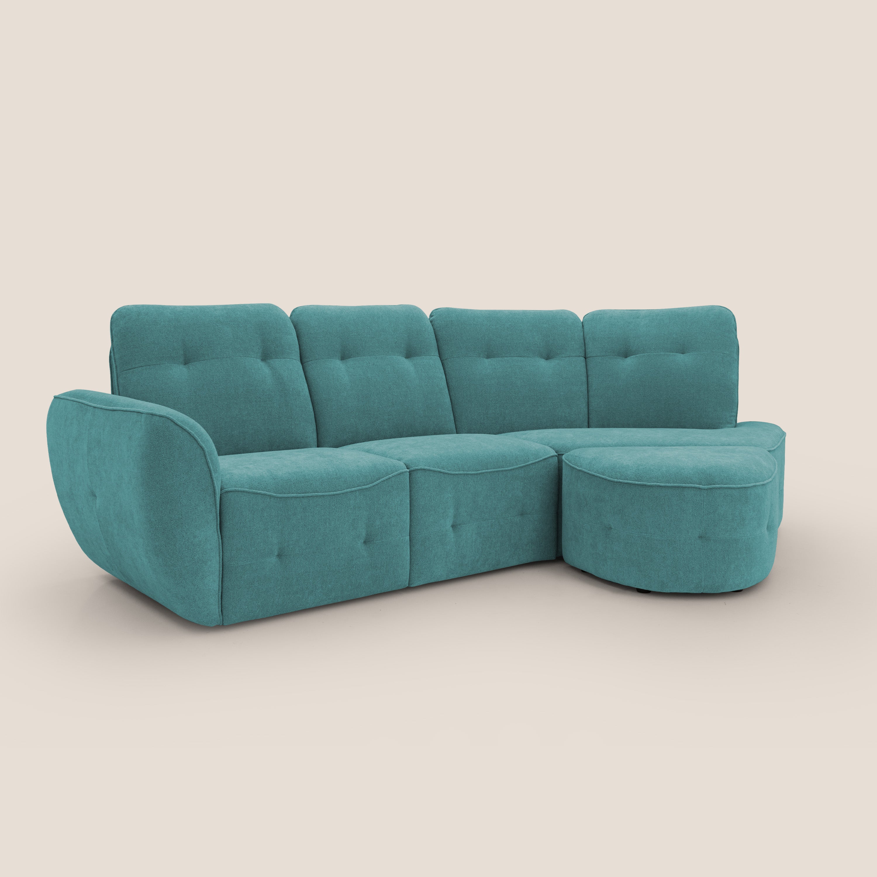 Cerbero divano angolare con pouf mobile in morbido bouclé impermeabile T07 azzurro - divani.store