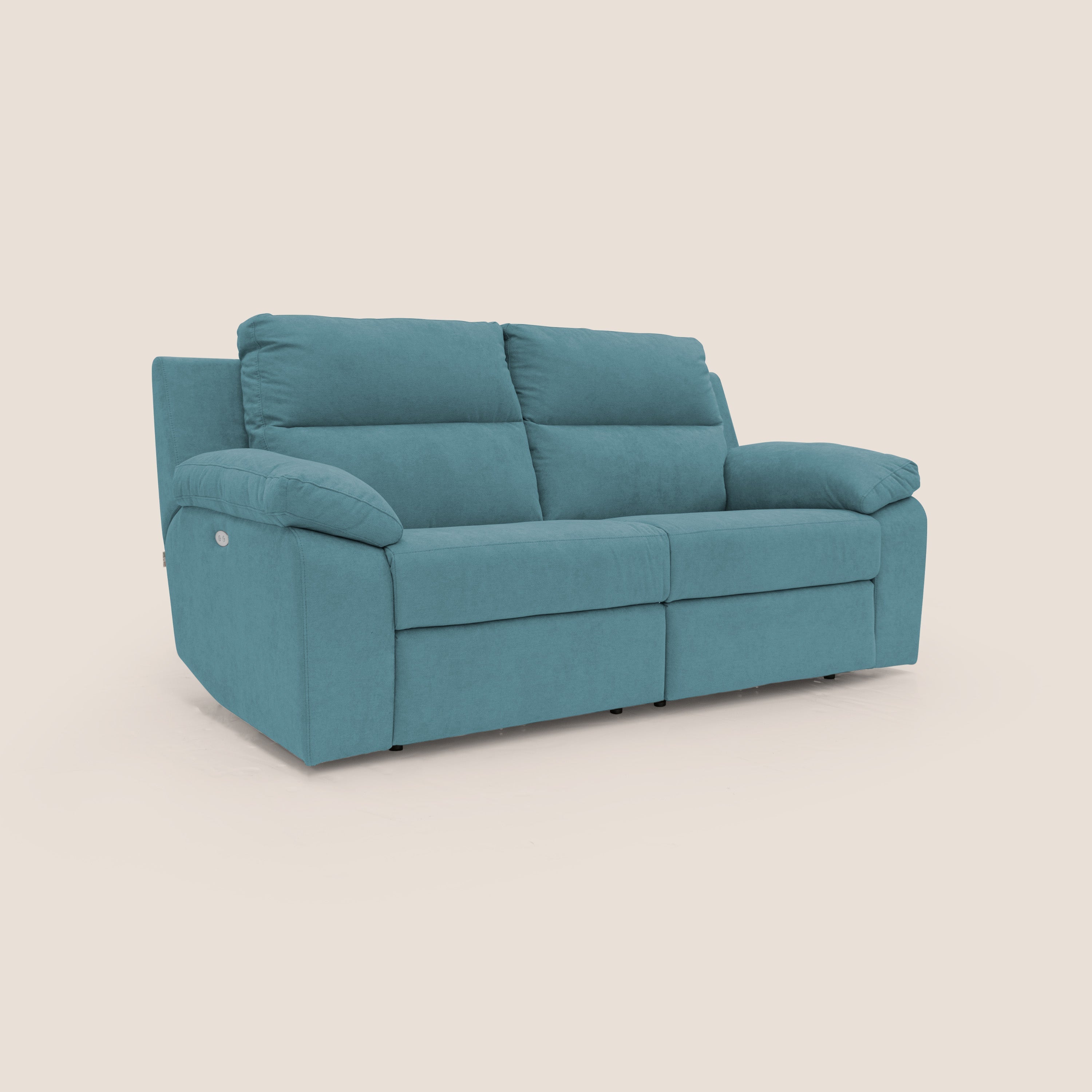 Romeo Divano relax con recliner elettrico in morbido tessuto impermeabile T02 azzurro - divani.store