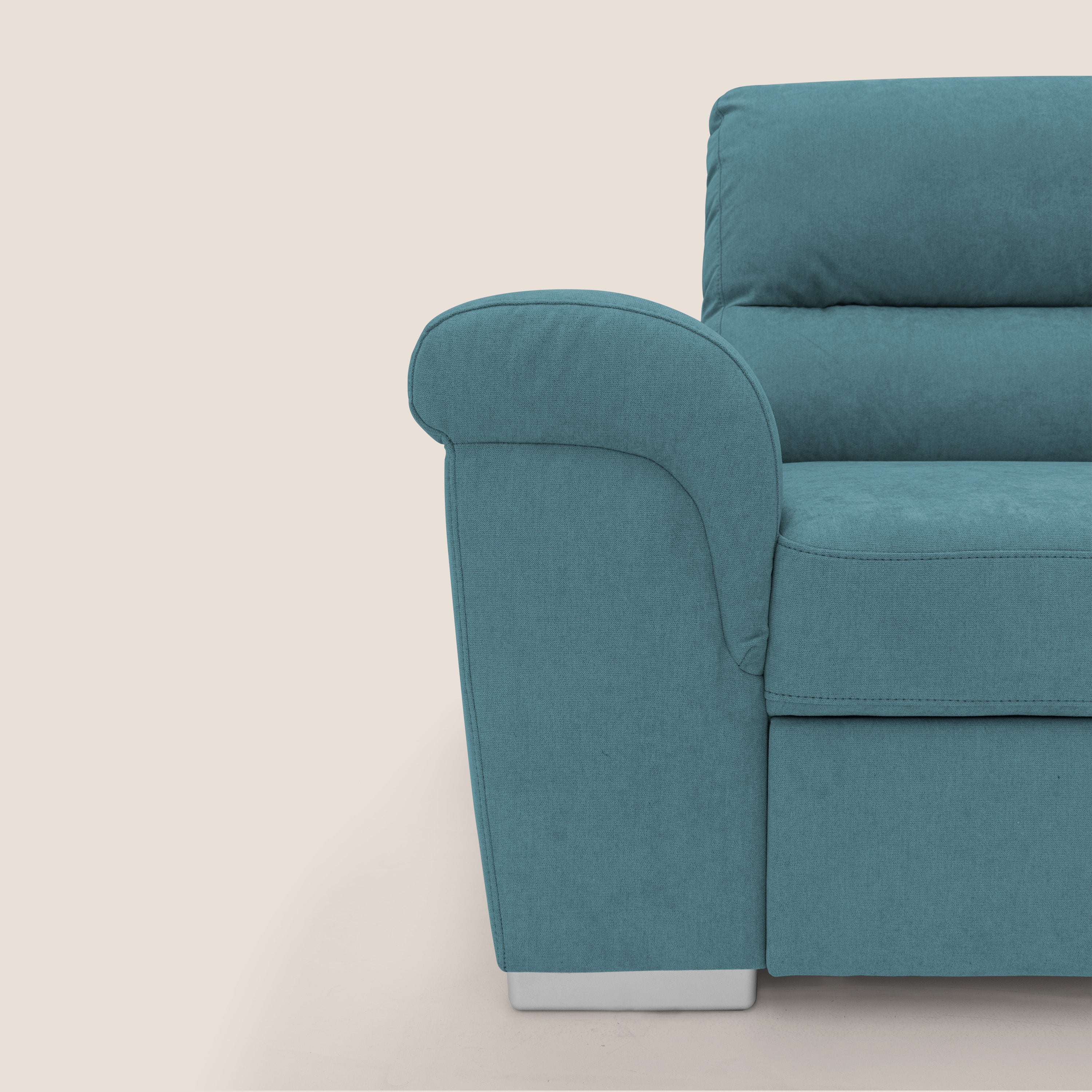 Minerva divano angolare con estraibile a cassettone e pouf contenitore in tessuto morbido impermeabile T02 azzurro - divani.store