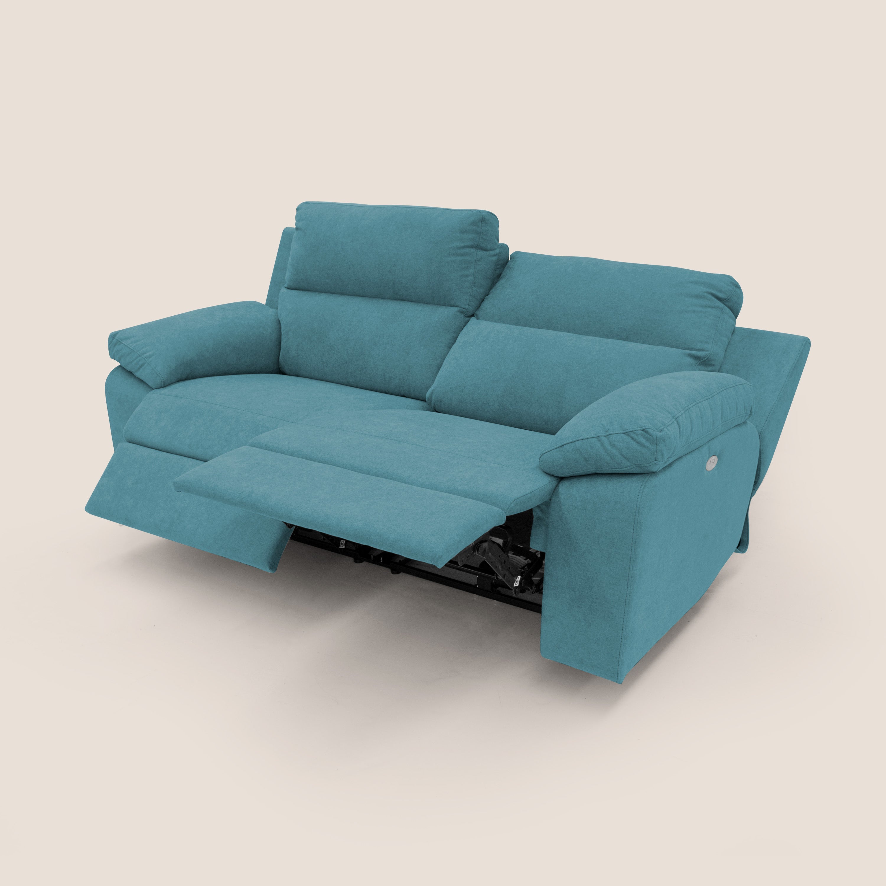 Romeo Divano relax con recliner elettrico in morbido tessuto impermeabile T02 azzurro - divani.store