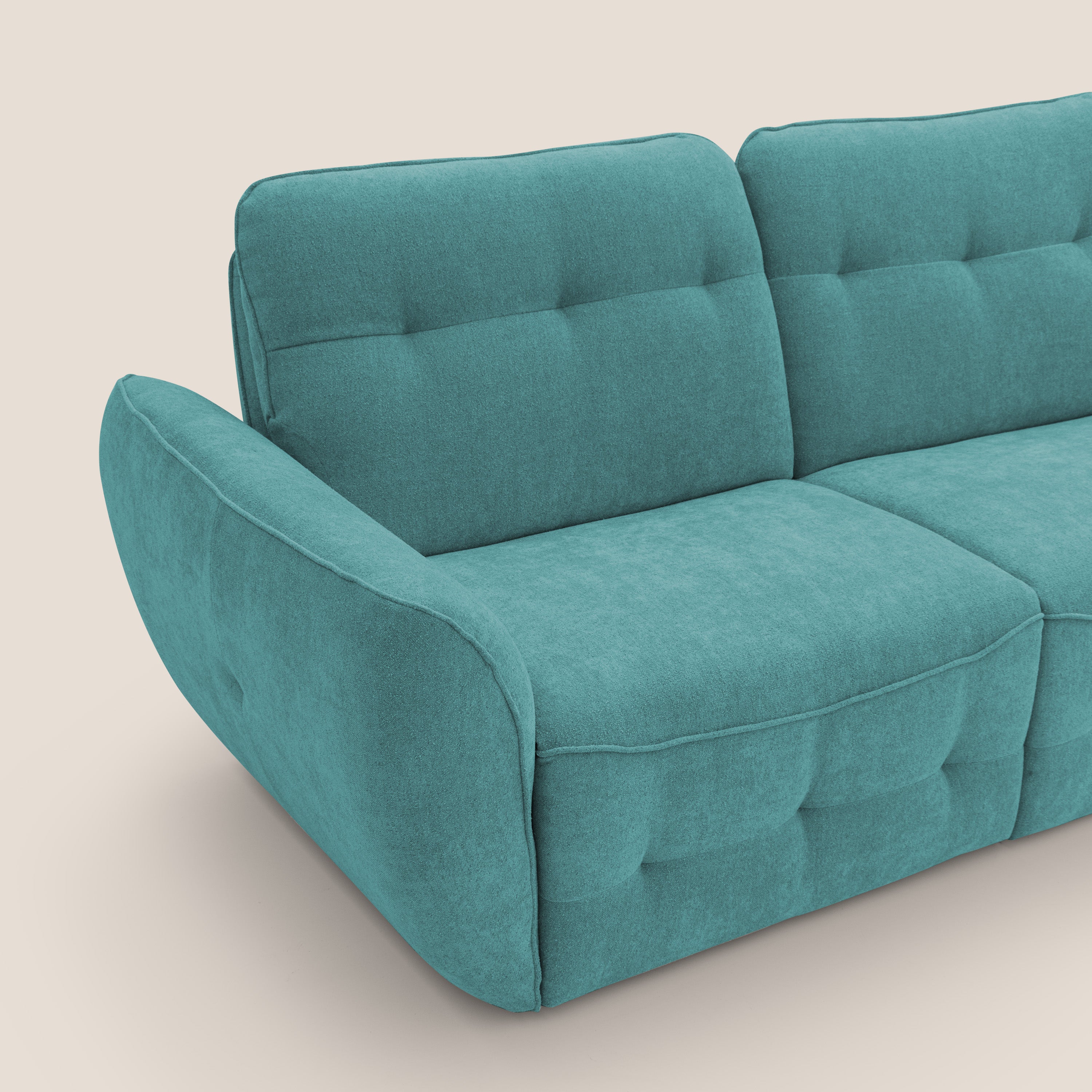 Cerbero divano angolare con pouf mobile in morbido bouclé impermeabile T07 azzurro - divani.store